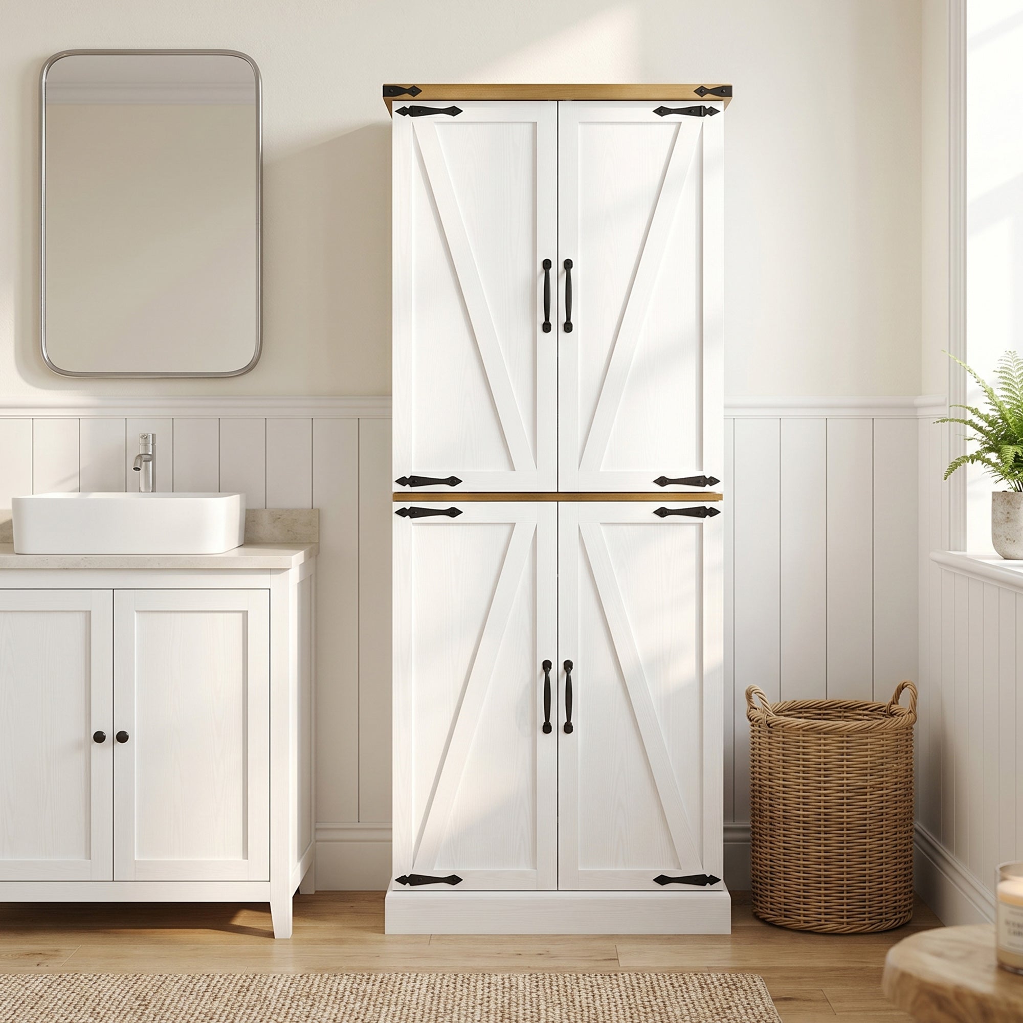 Buffet haut cuisine, armoire de cuisine, vaisselier, 4 portes, 3 tiroirs, 8 porte-racks et étagères réglables, style rustique, meuble de rangement pour salon, salle à manger, 76x40x182cm, blanc