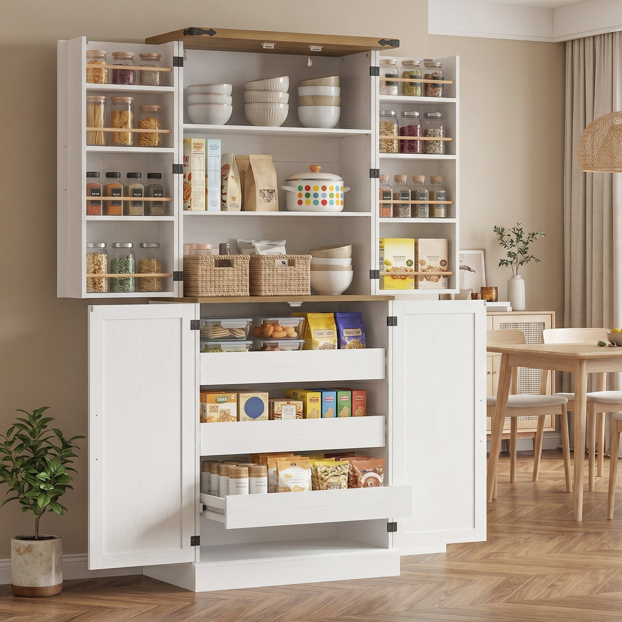Buffet haut cuisine, armoire de cuisine, vaisselier, 4 portes, 3 tiroirs, 8 porte-racks et étagères réglables, style rustique, meuble de rangement pour salon, salle à manger, 76x40x182cm, blanc