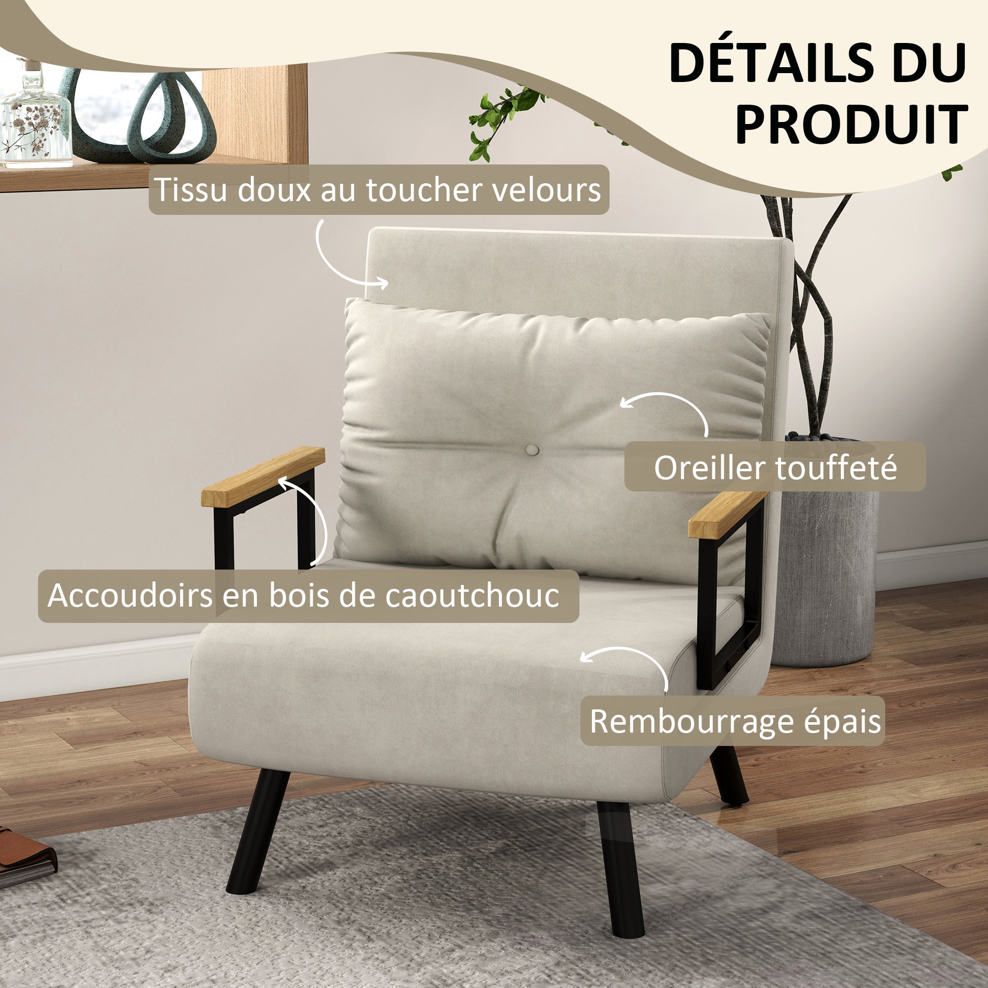 Fauteuil convertible 1 place chauffeuse 4 en 1 canapé convertible fauteuil lit avec dossier réglable en 5 positions, coussin inclus, canapé-lit 1 place pour invités, salon, charge 120 kg crème