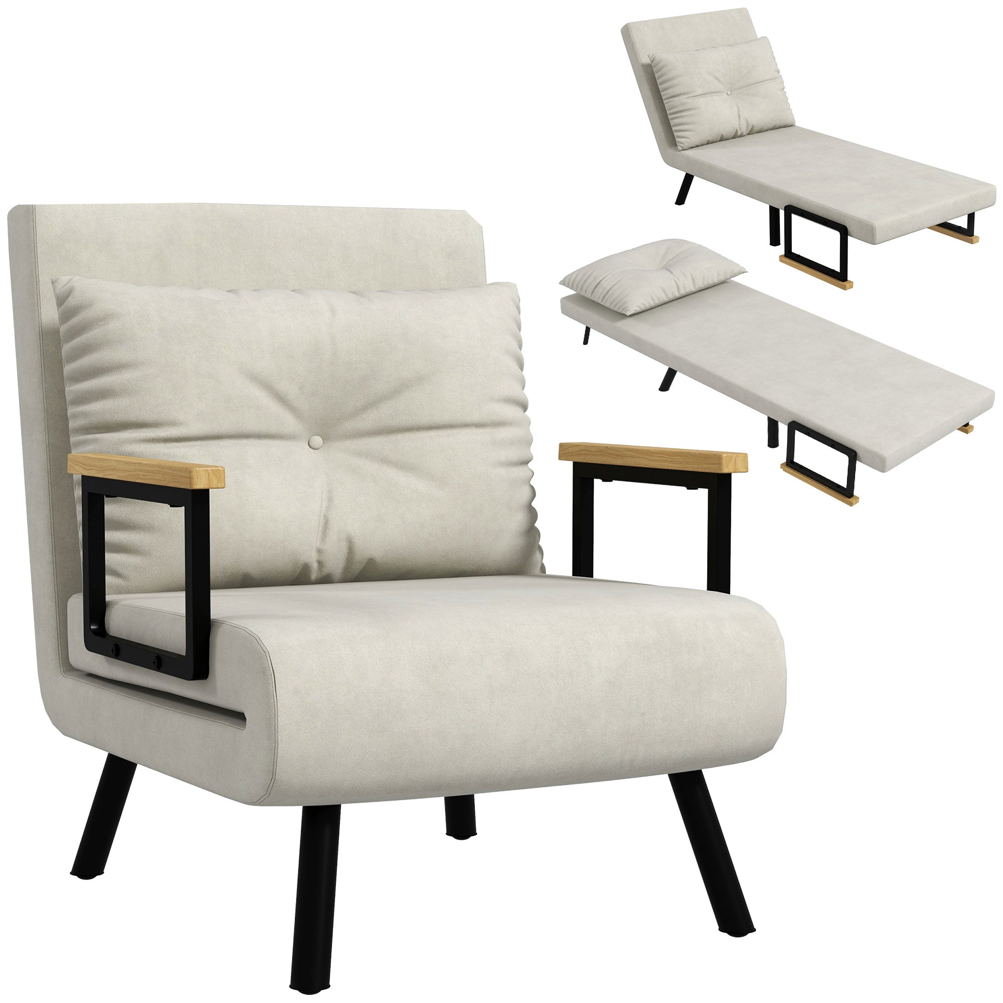 Fauteuil convertible 1 place chauffeuse 4 en 1 canapé convertible fauteuil lit avec dossier réglable en 5 positions, coussin inclus, canapé-lit 1 place pour invités, salon, charge 120 kg crème