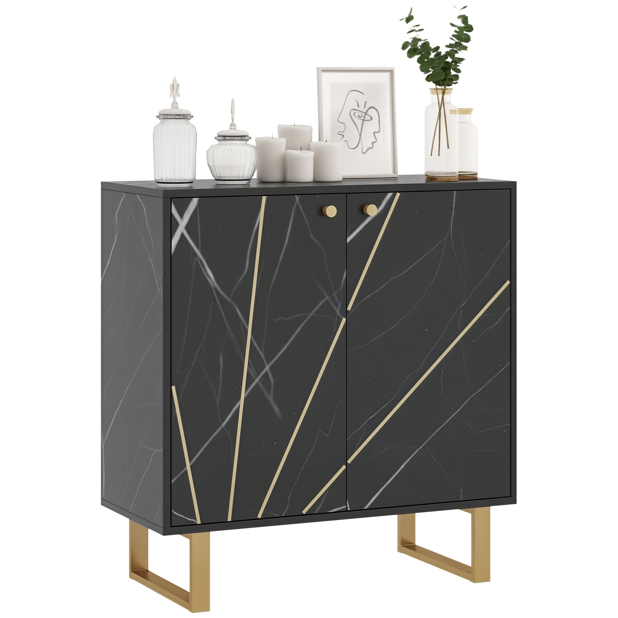 Meuble de rangement buffet salon avec 1 placard 2 portes et étagère réglable, pieds en métal - dim. 76L x 35l x 77H cm, aspect marbre noir