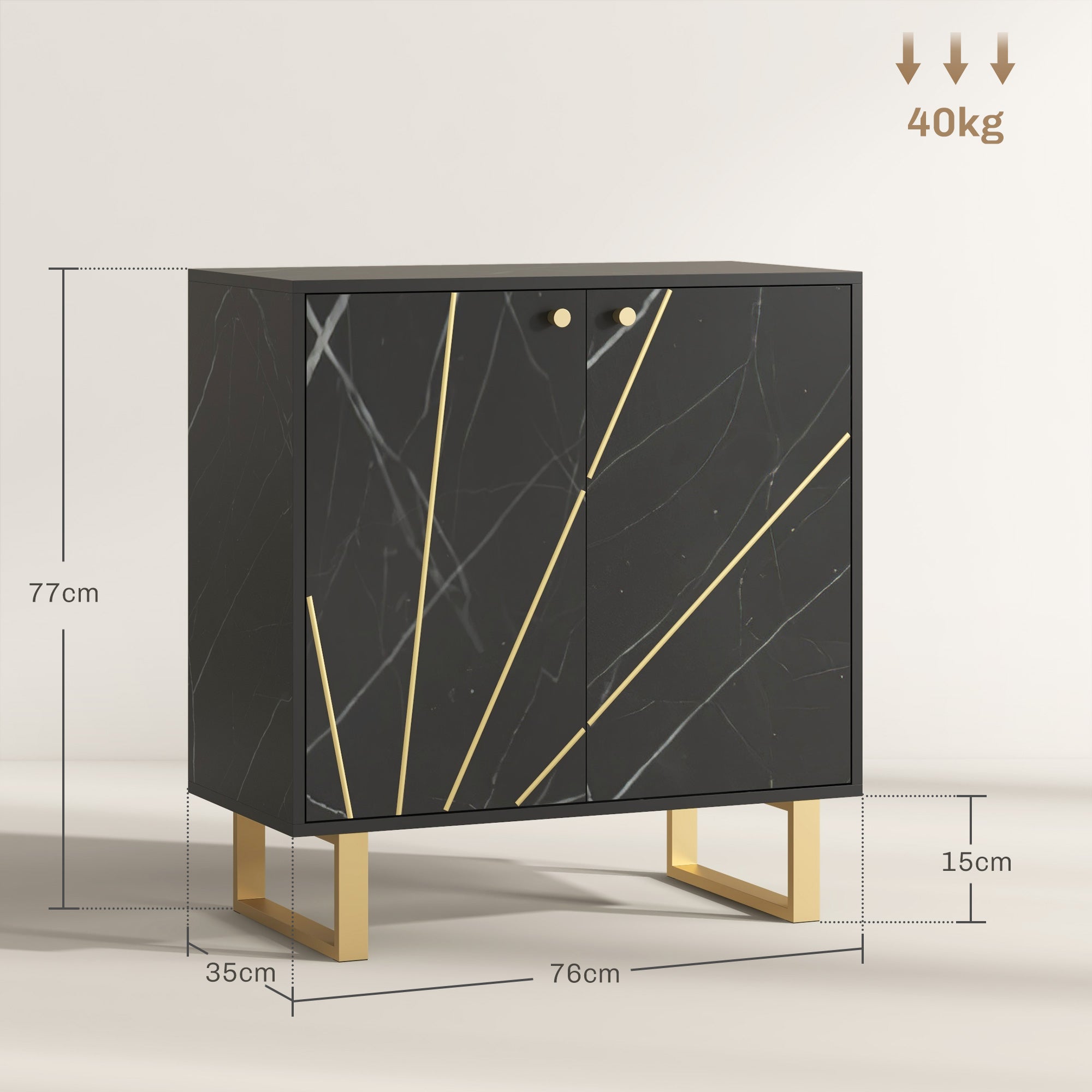 Meuble de rangement buffet salon avec 1 placard 2 portes et étagère réglable, pieds en métal - dim. 76L x 35l x 77H cm, aspect marbre noir
