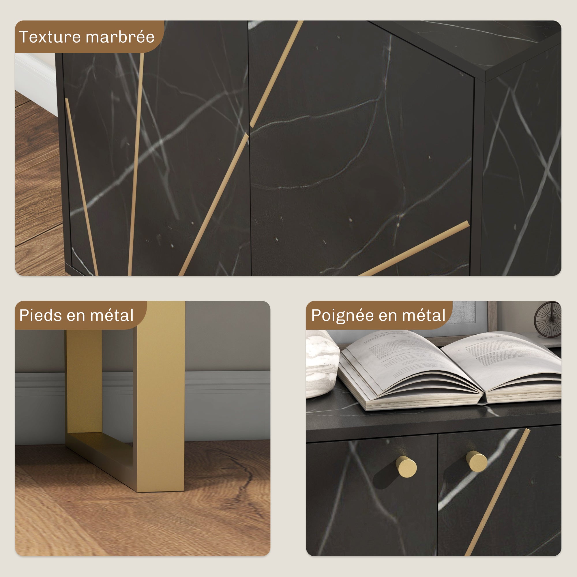 Meuble de rangement buffet salon avec 1 placard 2 portes et étagère réglable, pieds en métal - dim. 76L x 35l x 77H cm, aspect marbre noir