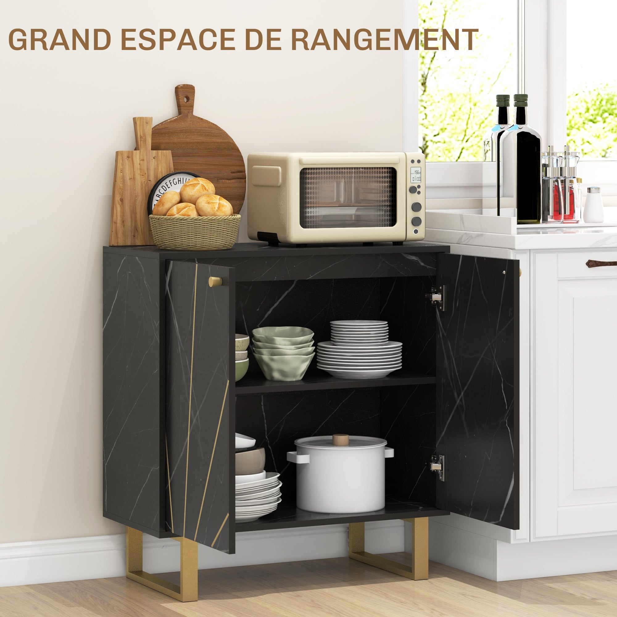 Meuble de rangement buffet salon avec 1 placard 2 portes et étagère réglable, pieds en métal - dim. 76L x 35l x 77H cm, aspect marbre noir
