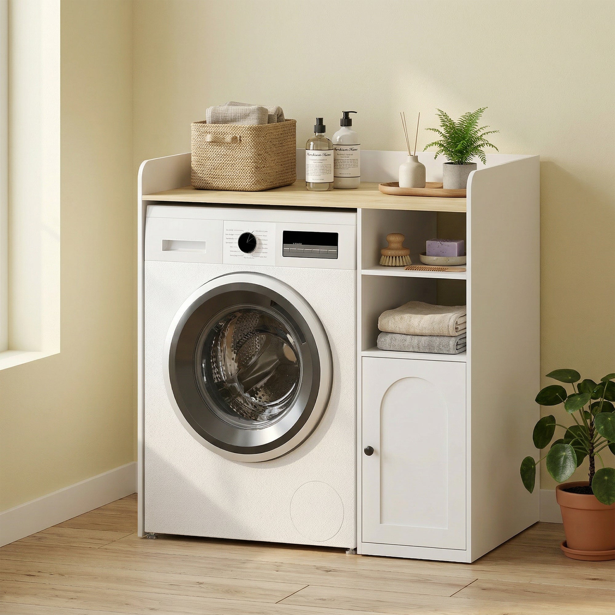 Meuble machine à laver, armoire machine a laver avec compartiments ouverts, porte à fermeture douce et large plateau, meuble de salle de bain et buanderie, 93,5 x 60 x 100 cm, blanc