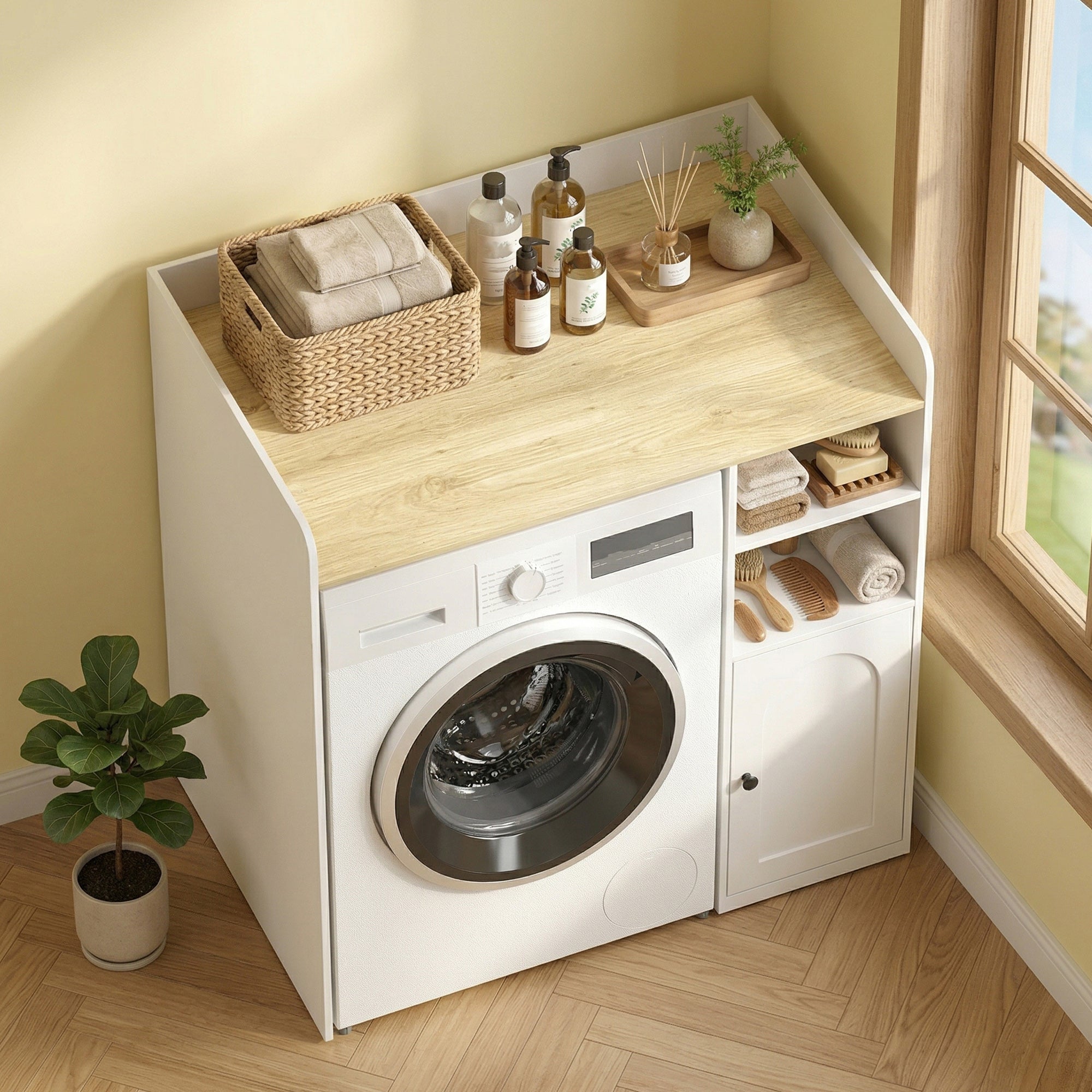 Meuble machine à laver, armoire machine a laver avec compartiments ouverts, porte à fermeture douce et large plateau, meuble de salle de bain et buanderie, 93,5 x 60 x 100 cm, blanc