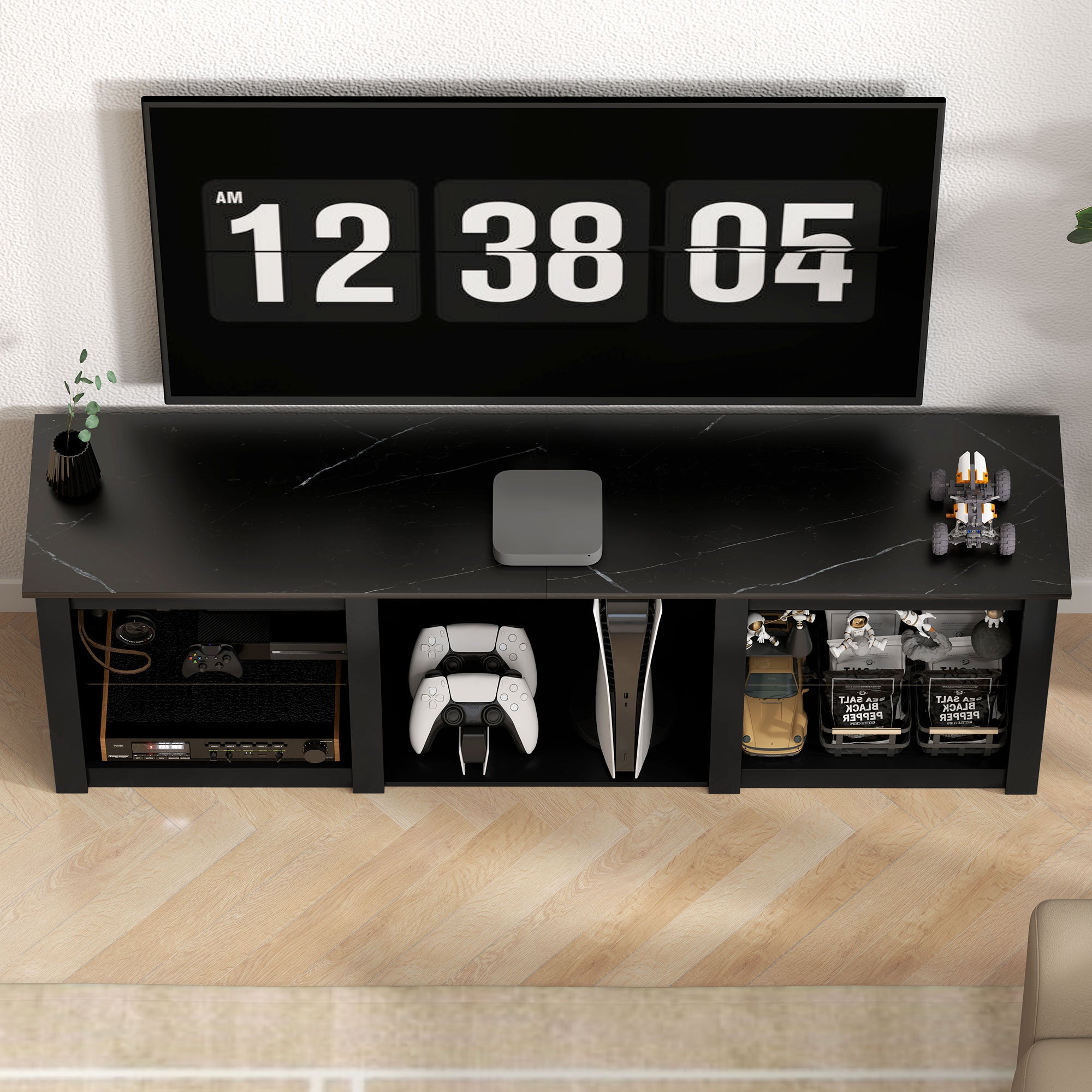 Meuble TV LED RGB meuble télé bois banc TV jusqu'à 65 pouces avec étagères en verre réglables, 5 niches, passe-câbles et télécommande pour salon, chambre à coucher, dim. 160 x 35 x 53 cm, noir