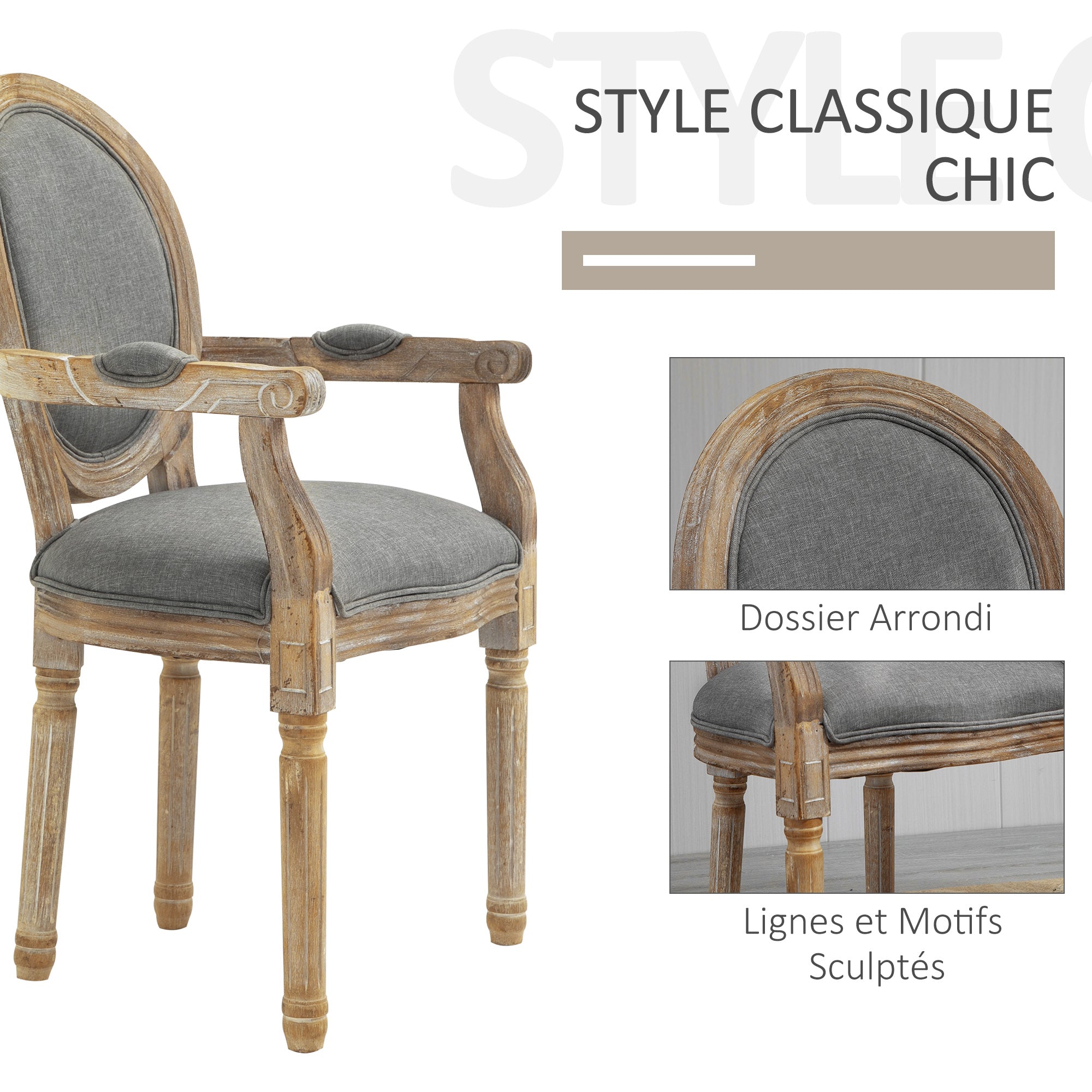 Chaise de Salle à Manger Chaise de Salon médaillon Style Louis XVI Bois Massif patiné sculpté Tissu Lin Gris