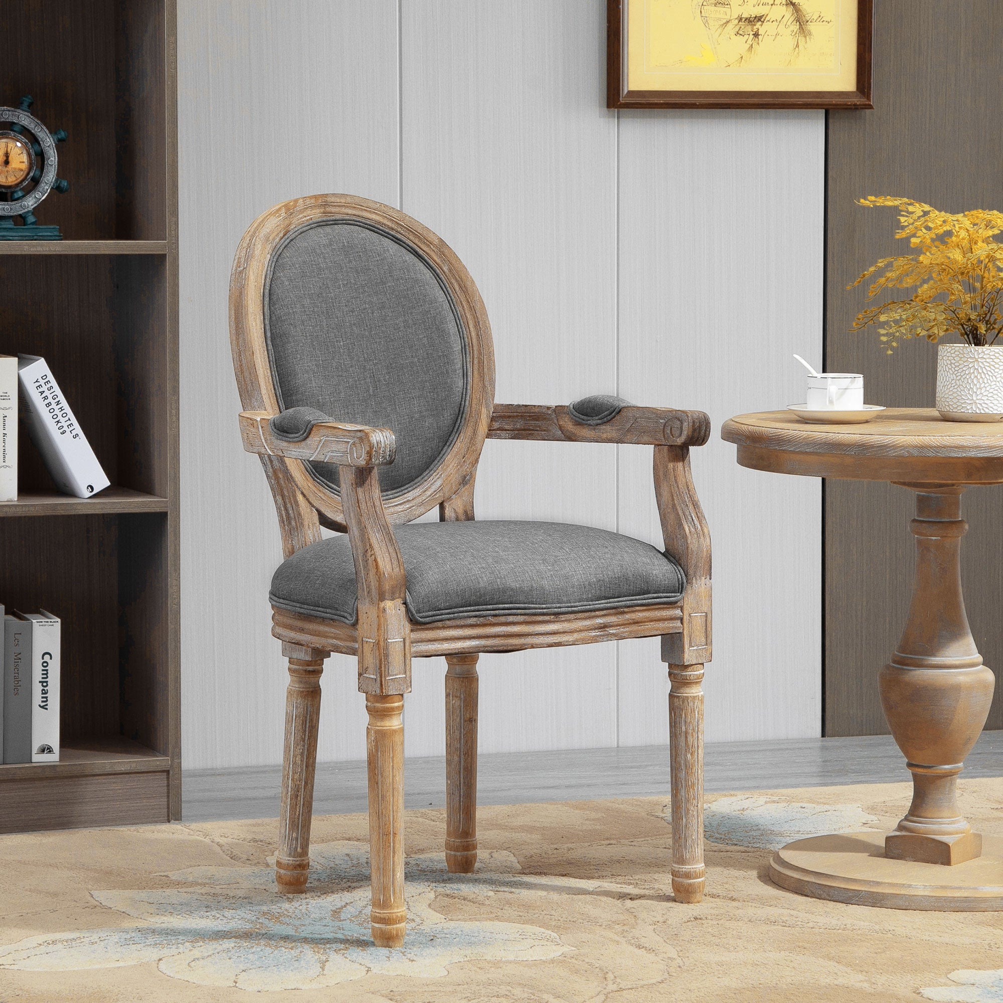 Chaise de Salle à Manger Chaise de Salon médaillon Style Louis XVI Bois Massif patiné sculpté Tissu Lin Gris