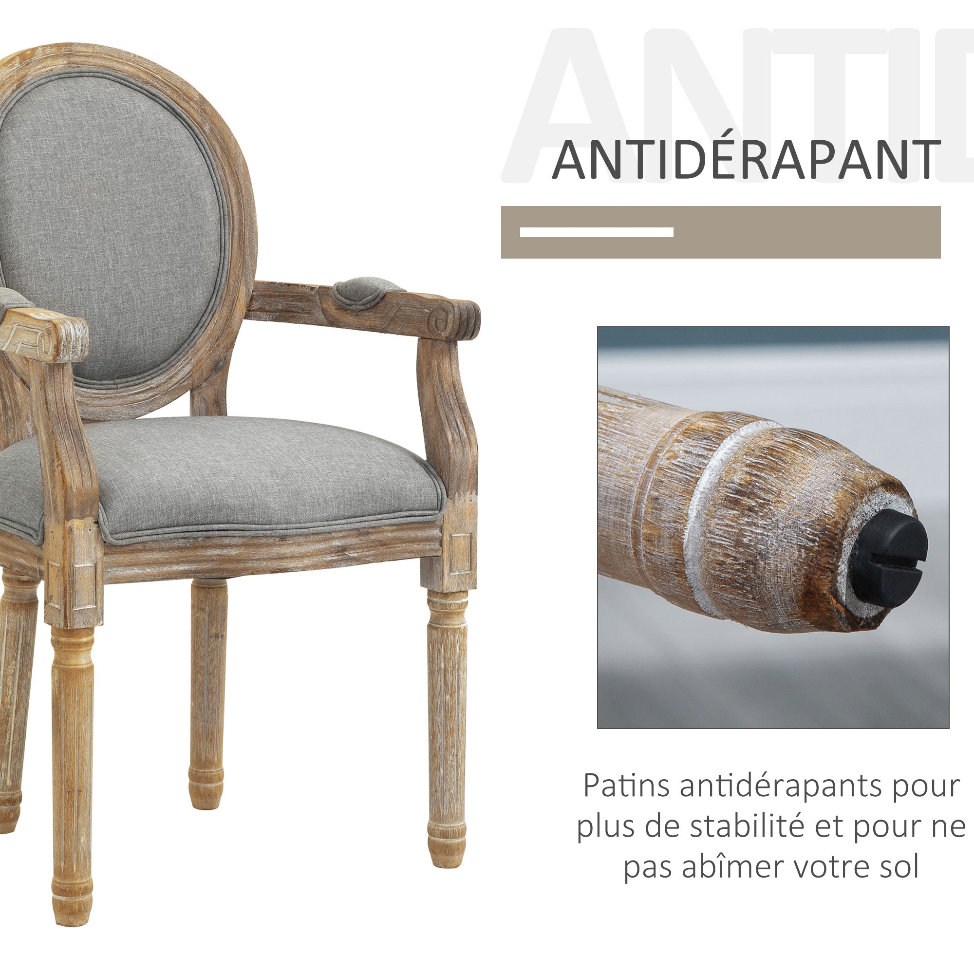 Chaise de Salle à Manger Chaise de Salon médaillon Style Louis XVI Bois Massif patiné sculpté Tissu Lin Gris