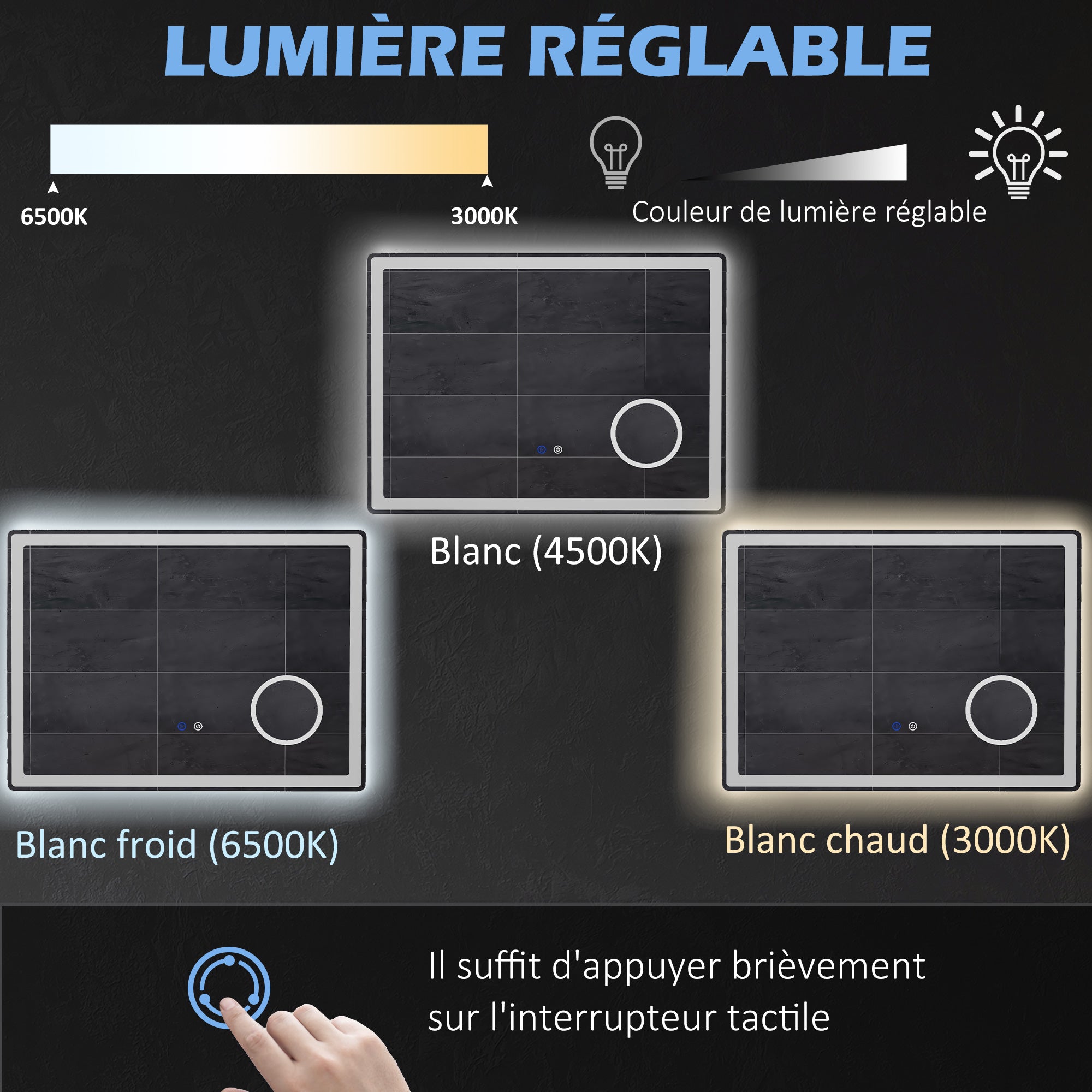 Miroir salle de bain avec éclairage, miroir LED salle de bain, 80 x 60 cm, fonction anti-buée, miroir grossissant x3m, luminosité réglable, fonction mémoire, montage vertical ou horizontal