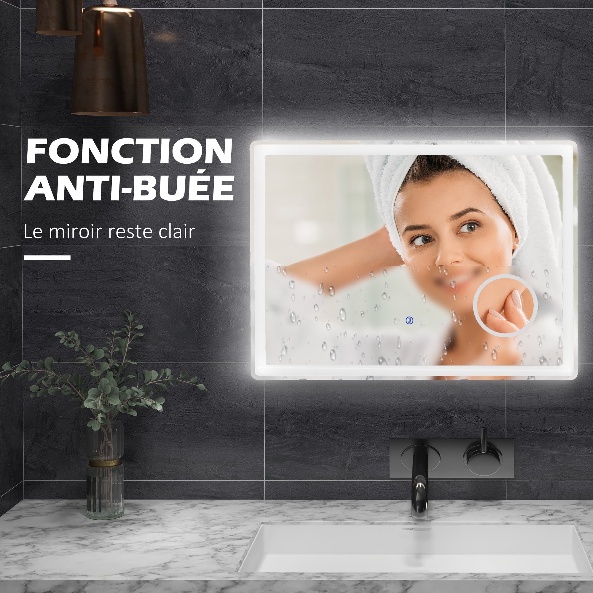 Miroir salle de bain avec éclairage, miroir LED salle de bain, 80 x 60 cm, fonction anti-buée, miroir grossissant x3m, luminosité réglable, fonction mémoire, montage vertical ou horizontal