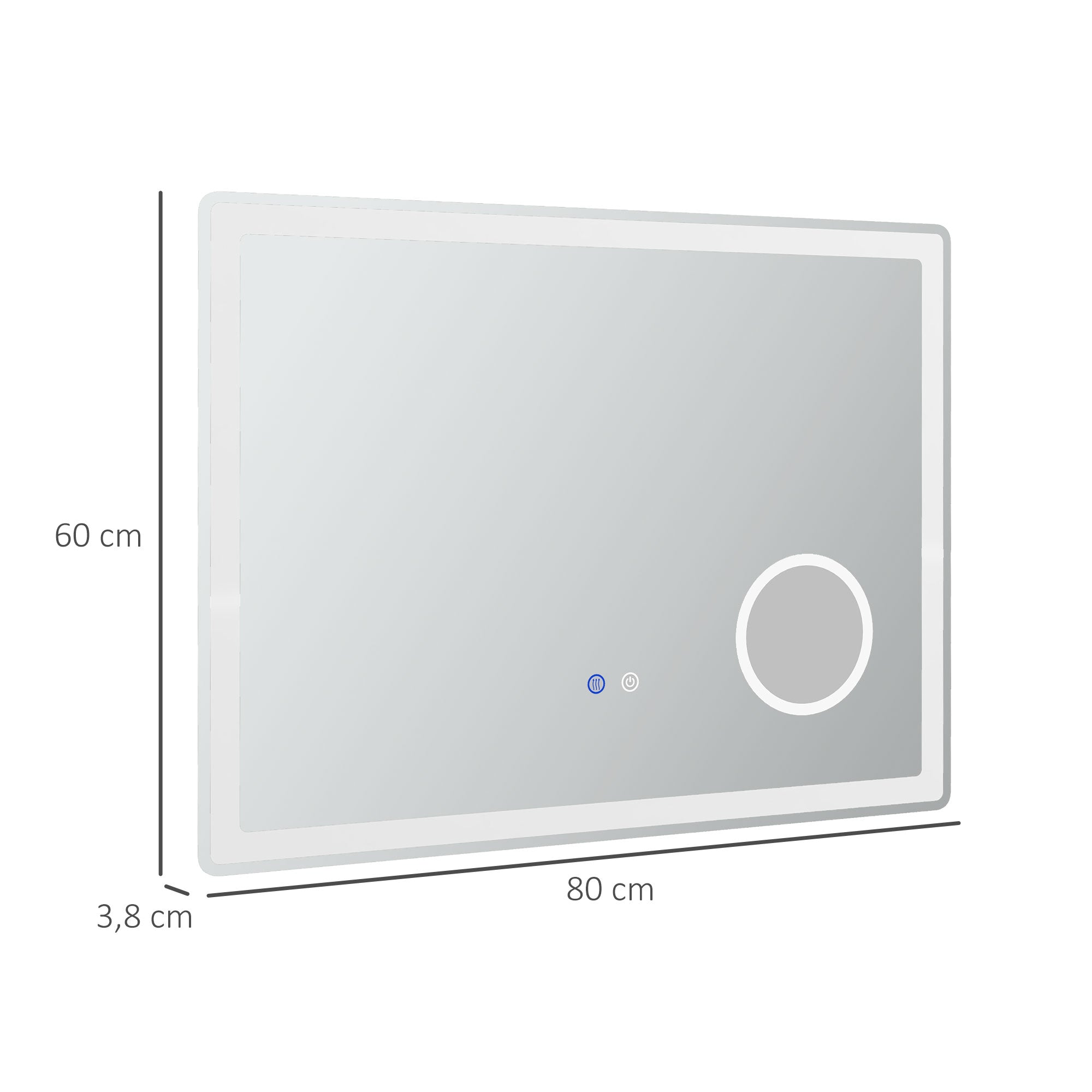 Miroir salle de bain avec éclairage, miroir LED salle de bain, 80 x 60 cm, fonction anti-buée, miroir grossissant x3m, luminosité réglable, fonction mémoire, montage vertical ou horizontal
