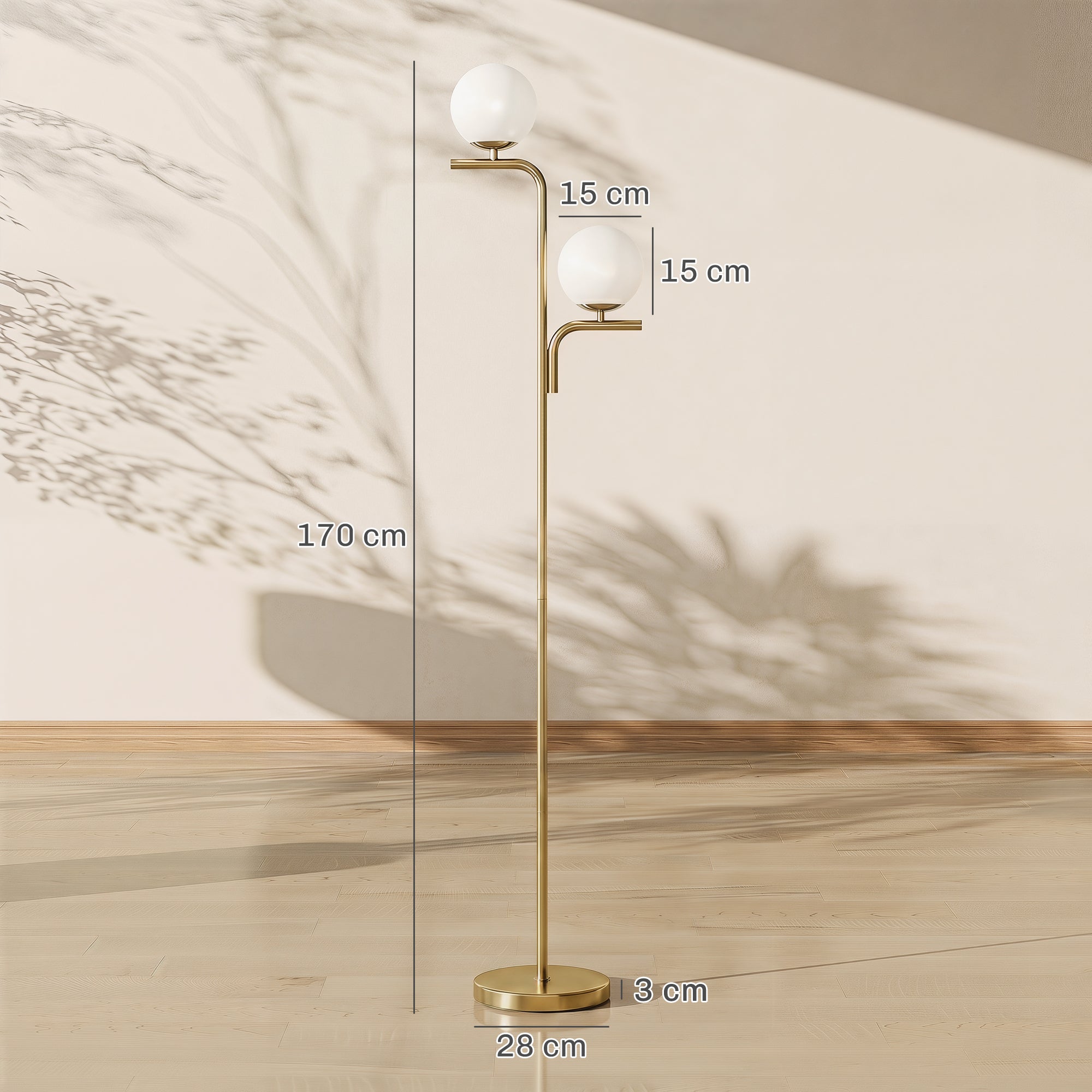 Lampadaire sur Pied Salon à Double Tête, Lampe sur Pied Moderne avec Abat-Jour en Verre Sphérique, 3 Températures de Couleur, Douille E27, Interrupteur au Pied, pour Chambre, Bureau, Doré
