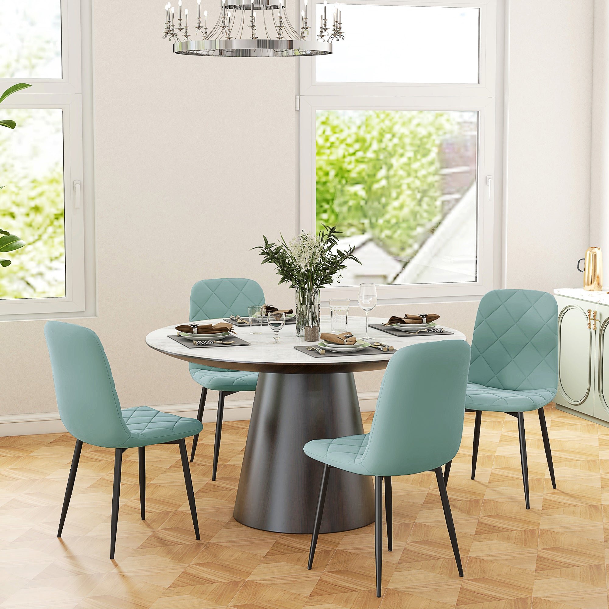 Lot de 4 chaises de salle à manger, chaises de cuisine rembourrées avec dossier haut, pieds en acier et tissu effet velours, pour salon, chambre, cuisine, vert