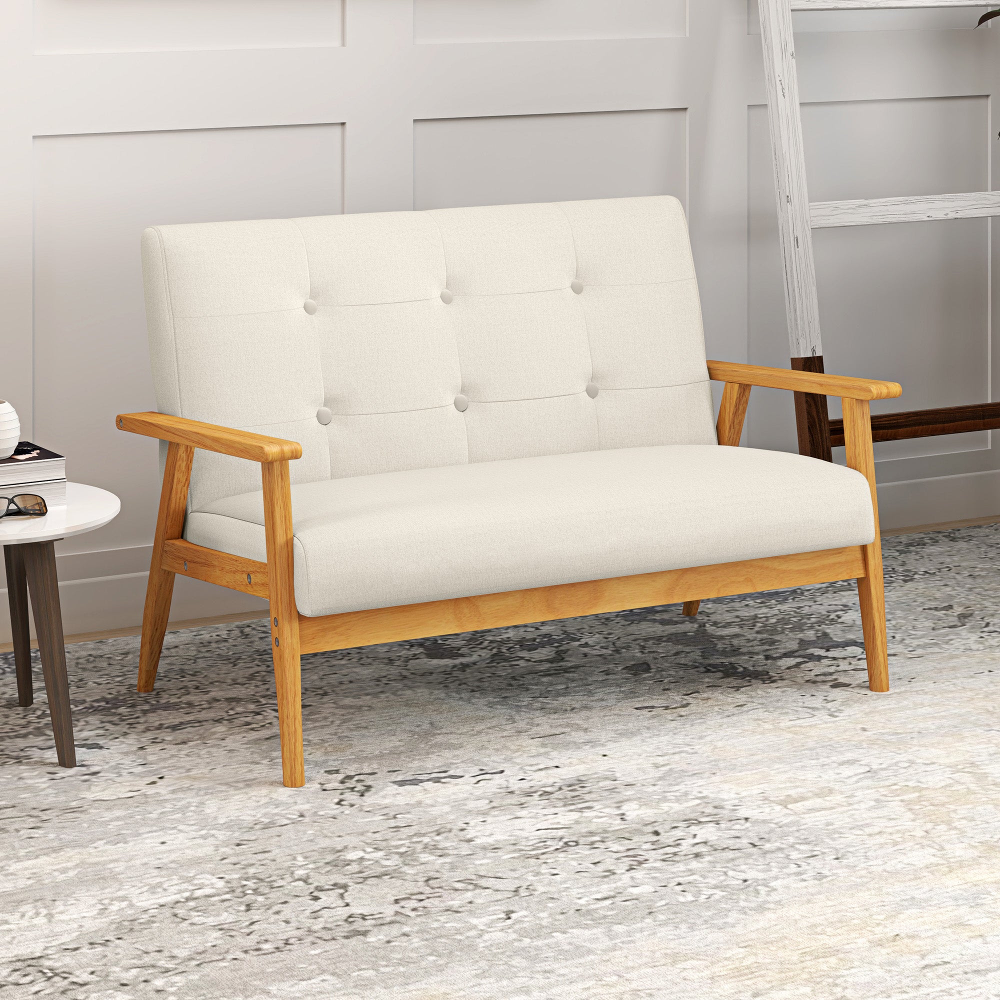 Canapé 3 places 115 cm, canapé scandinave avec dossier capitonné, assise rembourrée et accoudoirs, pieds en bois d'hévéa, pour salon, chambre, petit espace, beige