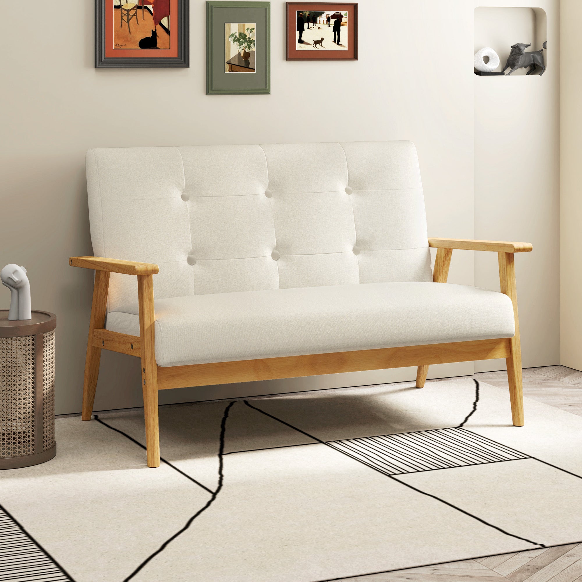 Canapé 3 places 115 cm, canapé scandinave avec dossier capitonné, assise rembourrée et accoudoirs, pieds en bois d'hévéa, pour salon, chambre, petit espace, beige