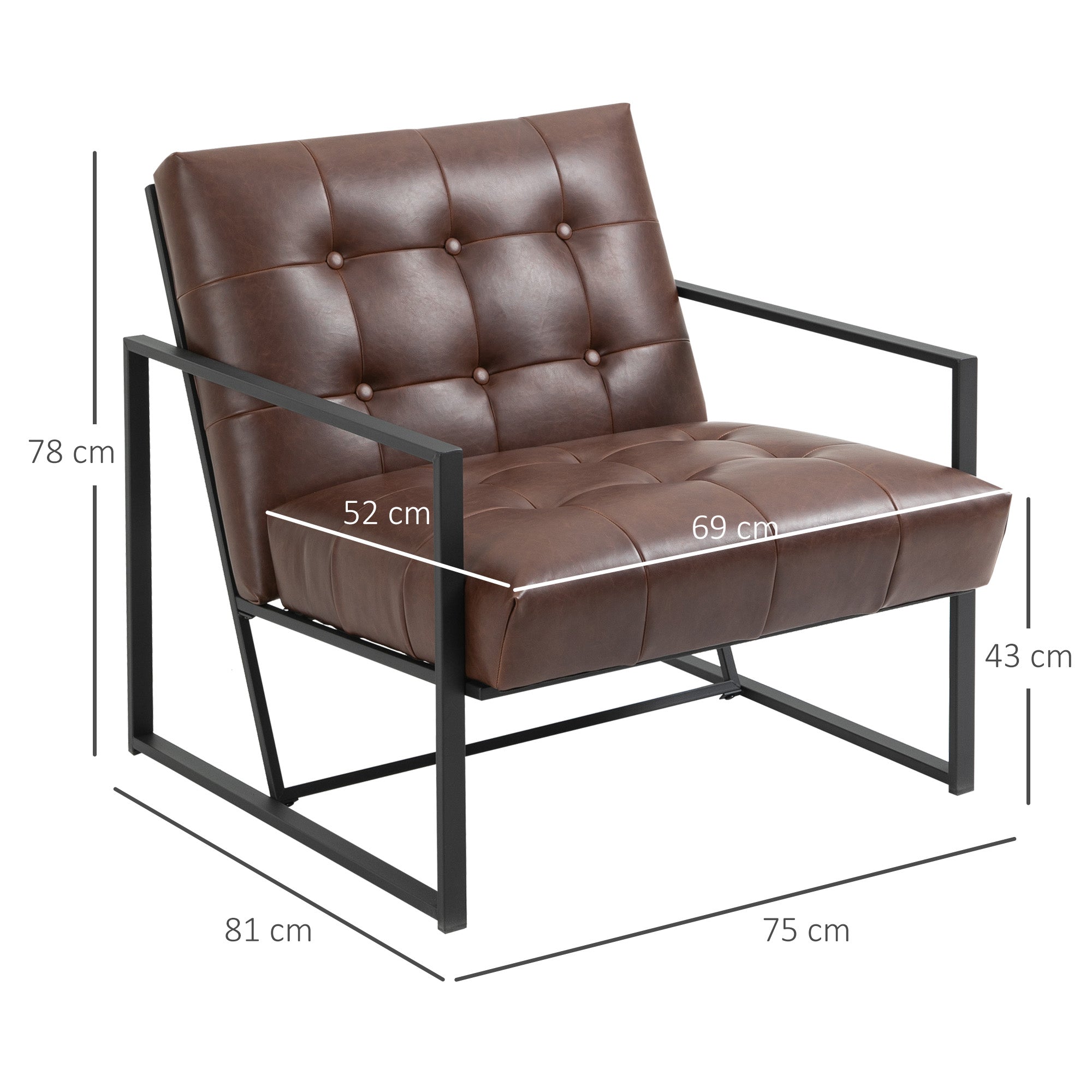 Fauteuil de salon Chesterfield Fauteuil Relax Assise Dossier capitonnés Structure métal Noir revêtement synthétique Chocolat