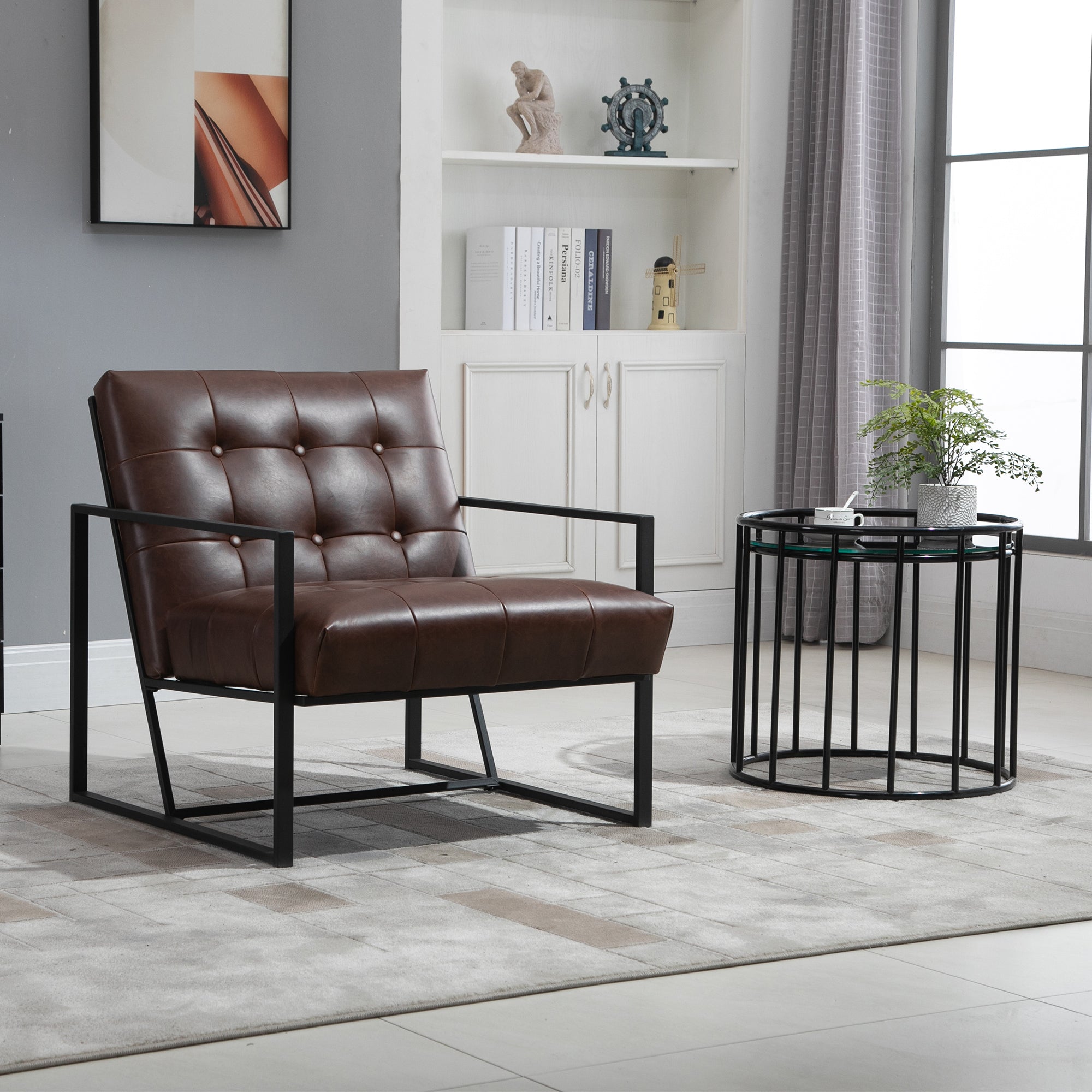 Fauteuil de salon Chesterfield Fauteuil Relax Assise Dossier capitonnés Structure métal Noir revêtement synthétique Chocolat