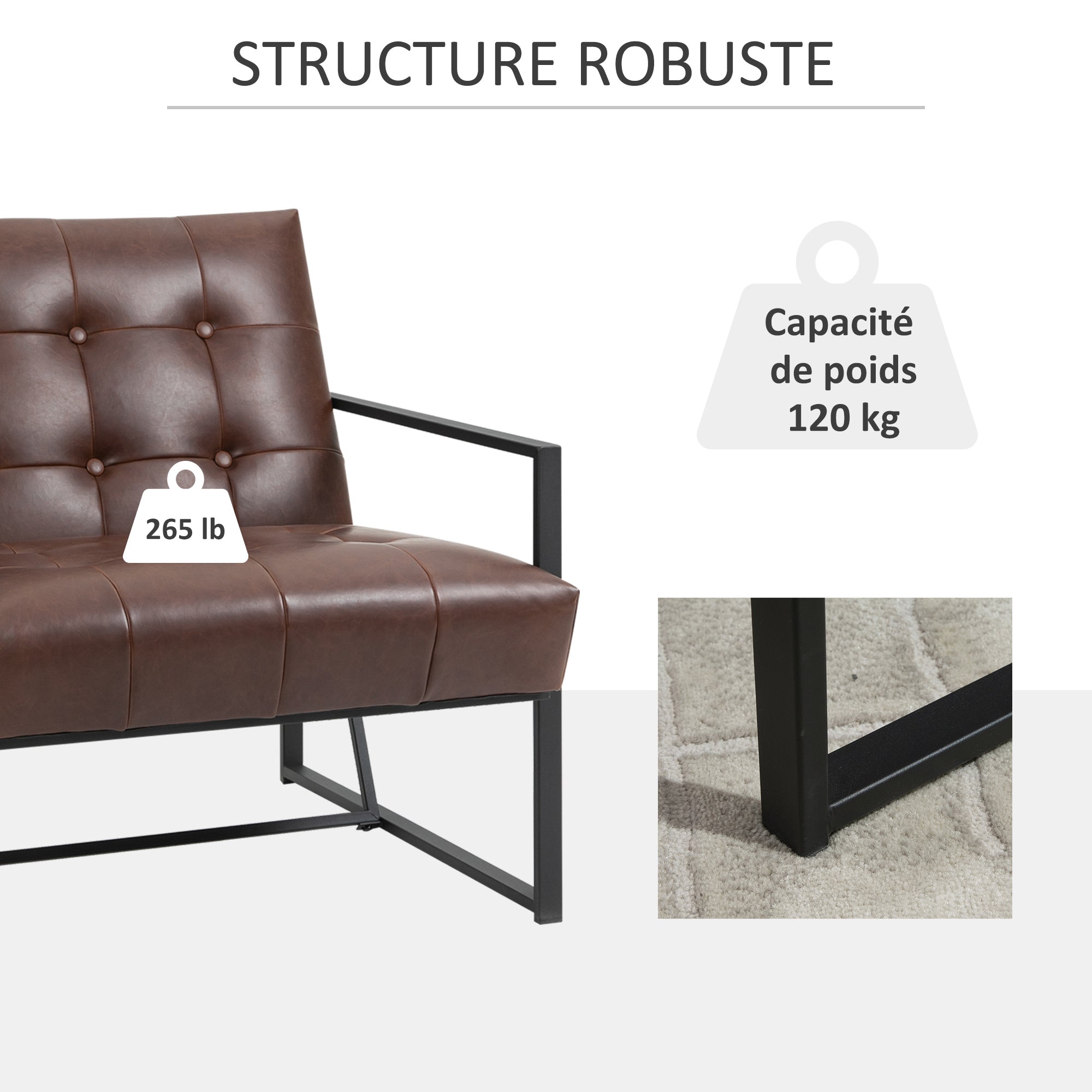 Fauteuil de salon Chesterfield Fauteuil Relax Assise Dossier capitonnés Structure métal Noir revêtement synthétique Chocolat