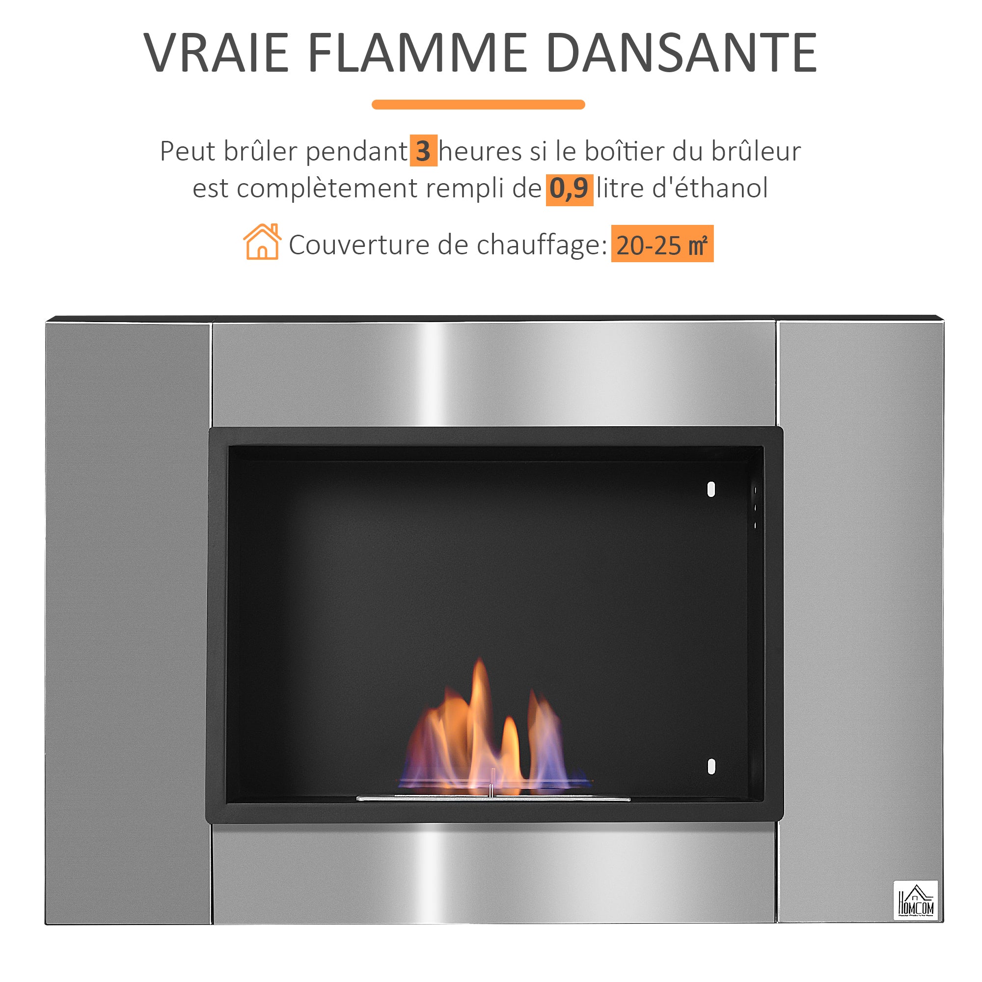 Cheminée bioéthanol Murale encastrable brûleur 0,9 L, environ 3 h de durée de combustion 80L x 14l x 54H cm Couverture 25-30 m² Acier inox