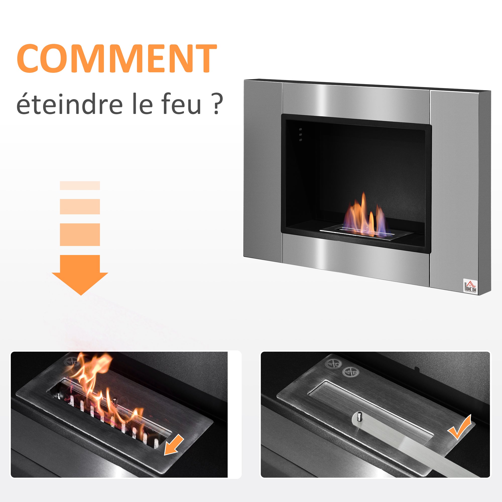 Cheminée bioéthanol Murale encastrable brûleur 0,9 L, environ 3 h de durée de combustion 80L x 14l x 54H cm Couverture 25-30 m² Acier inox