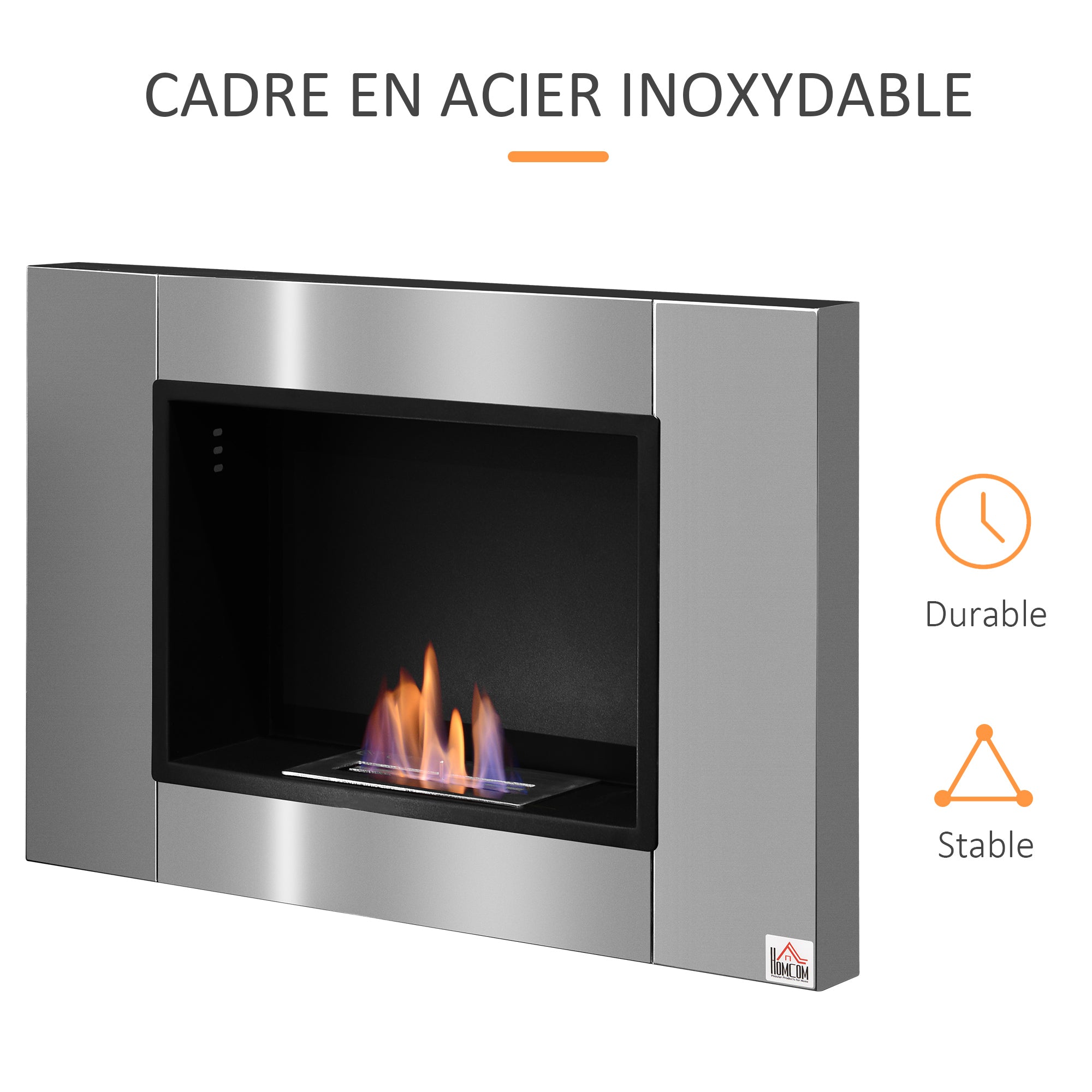 Cheminée bioéthanol Murale encastrable brûleur 0,9 L, environ 3 h de durée de combustion 80L x 14l x 54H cm Couverture 25-30 m² Acier inox