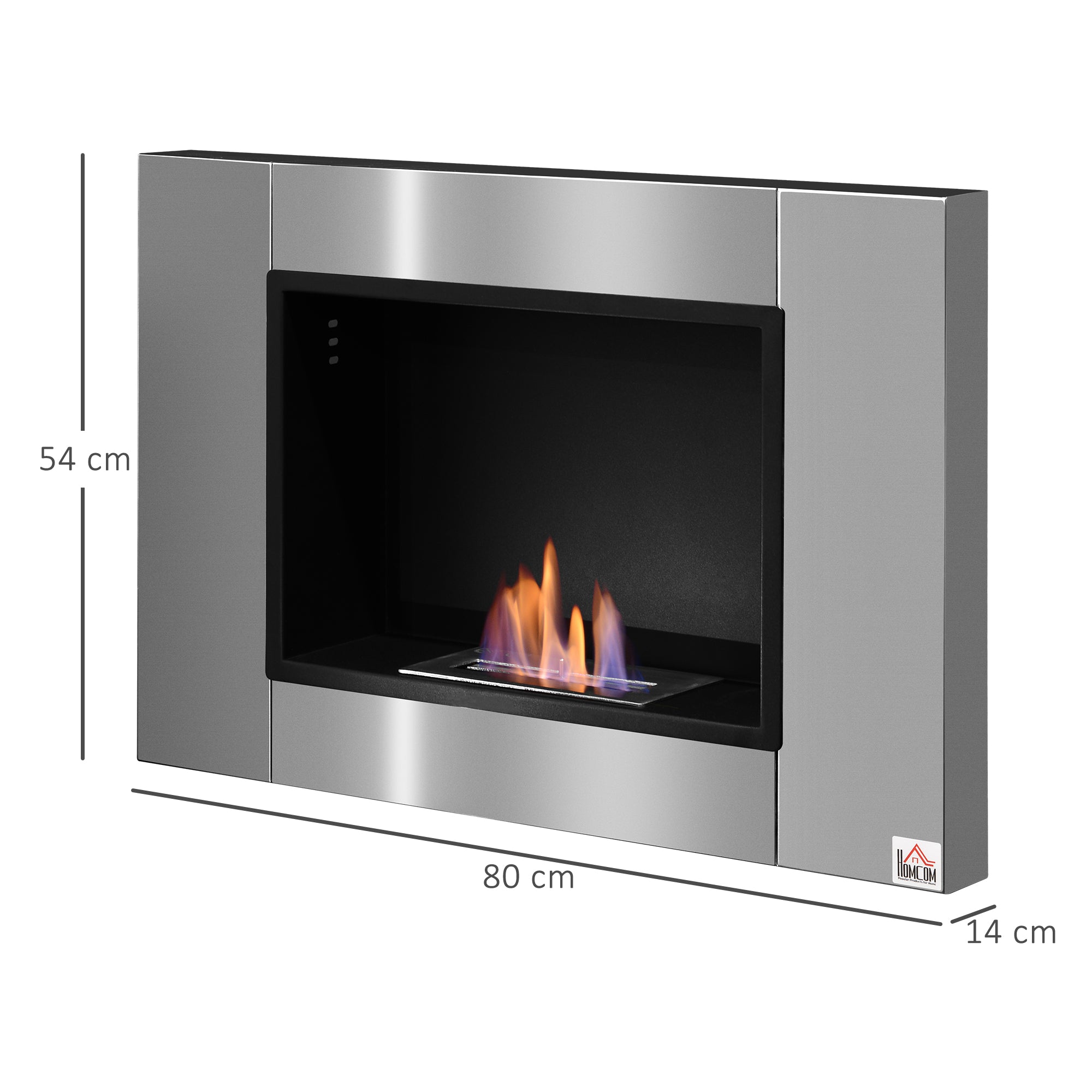 Cheminée bioéthanol Murale encastrable brûleur 0,9 L, environ 3 h de durée de combustion 80L x 14l x 54H cm Couverture 25-30 m² Acier inox