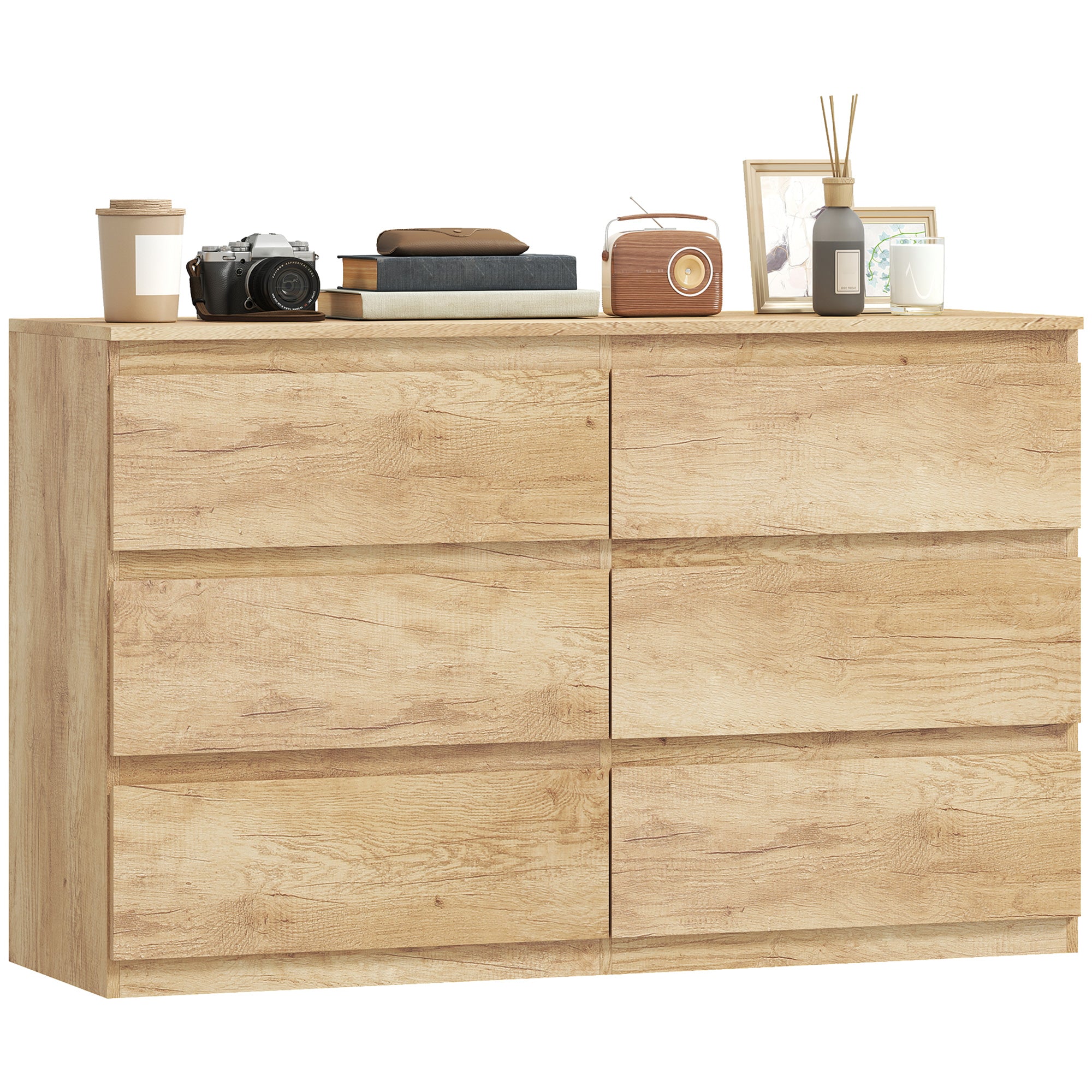 Commode 6 tiroirs, meuble de rangement étroit sans poignées, chiffonnier, style moderne, commode pour chambre à coucher, salon, couloir, 120 x 39 x 75 cm, chêne