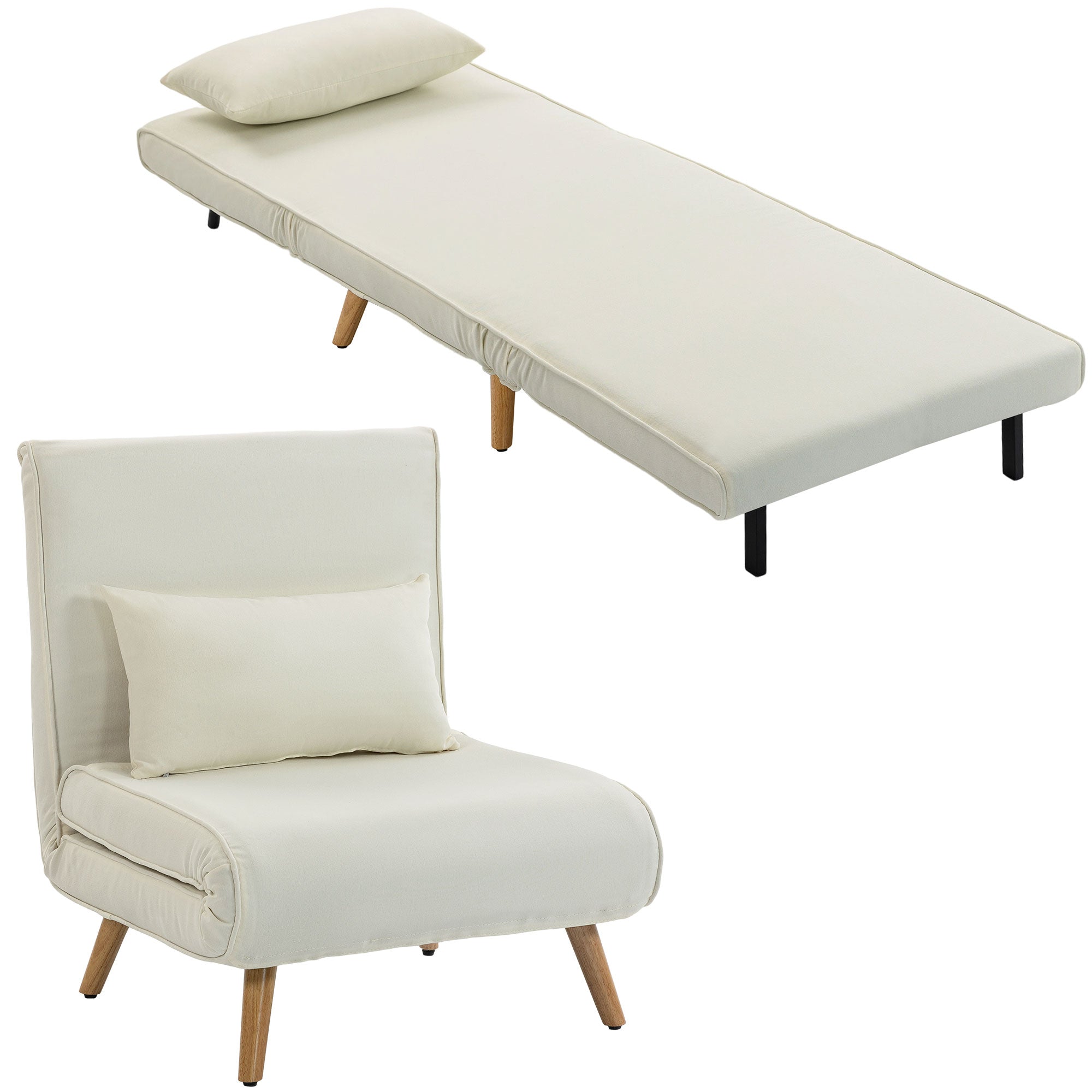 3 en 1 fauteuil convertible 1 place, fauteuil lit et chauffeuse - dossier inclinable 5 niveaux et oreiller inclus, siège rembourré - pour bureau, salon, chambre à coucher, crème