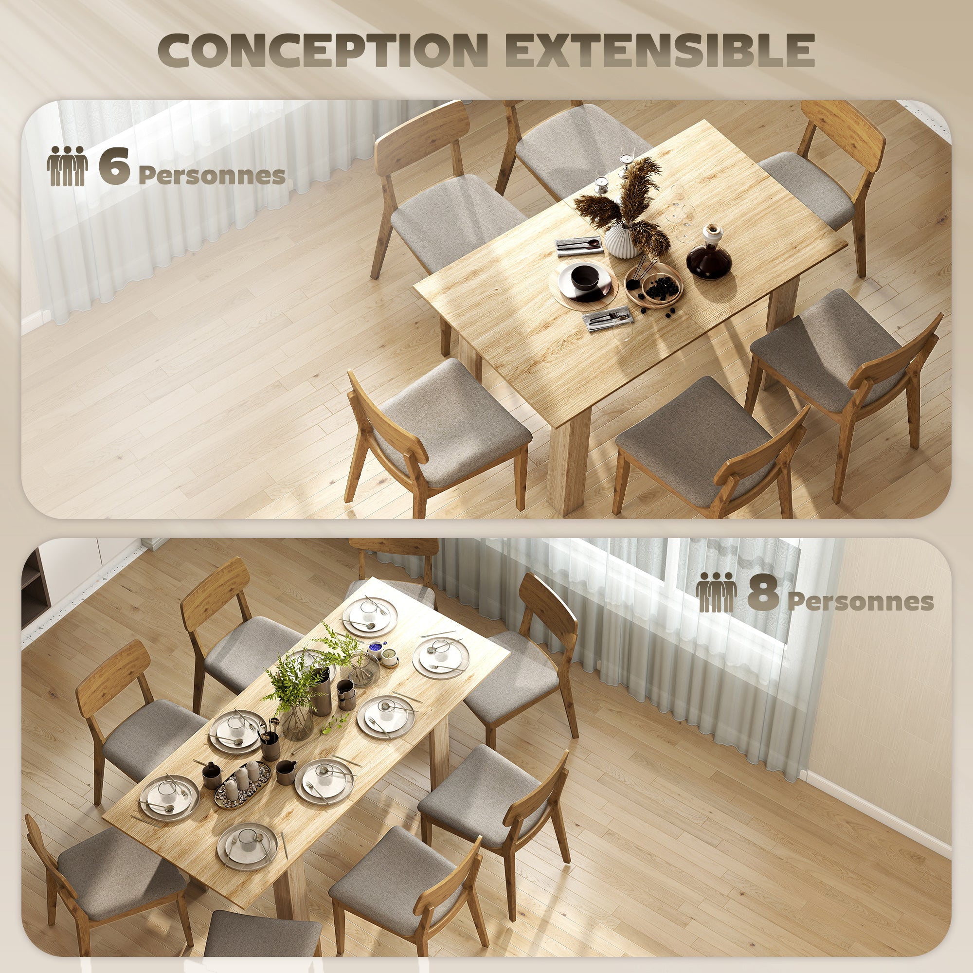 Table à manger extensible, table de cuisine rectangulaire, pour 6-8 personnes, pour petits espaces, design moderne, 140-180 x 80 cm, effet bois naturel