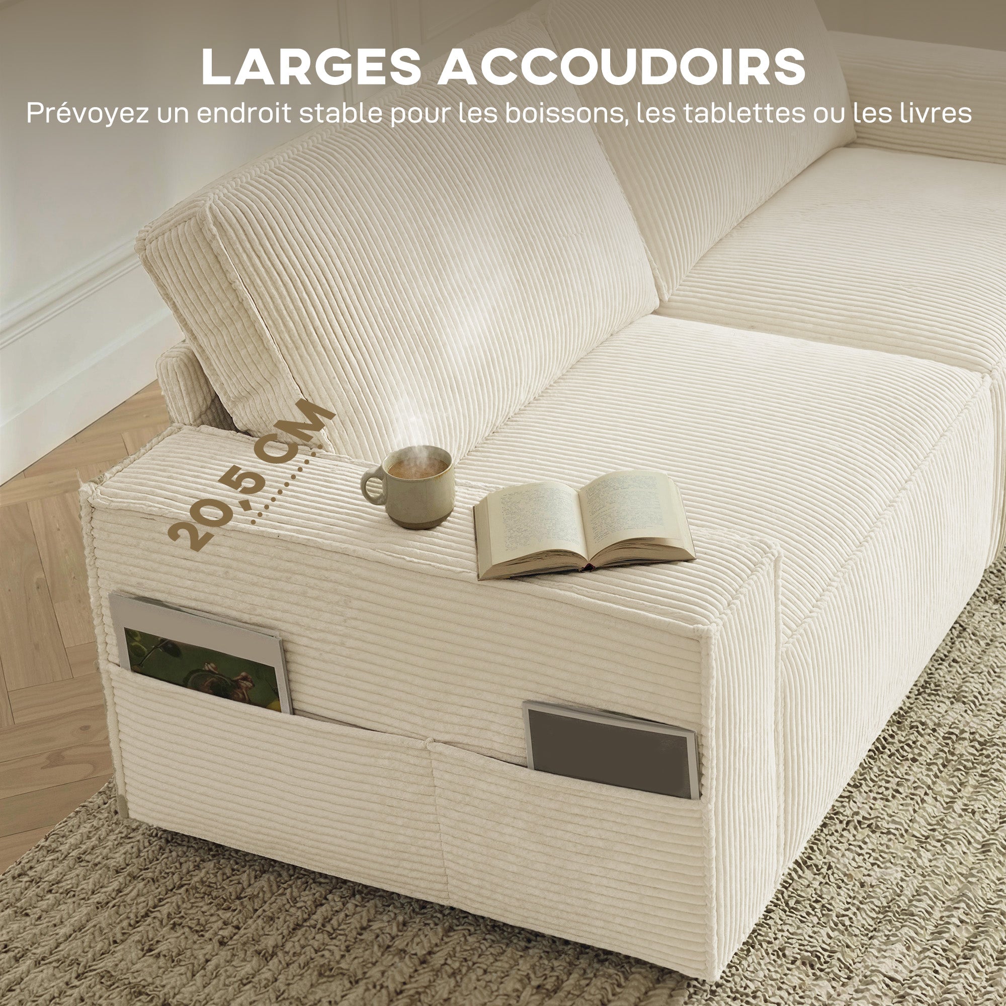 Canapé 3 places en velours côtelé 218 cm, canapé salon moderne, large assise rembourrée, coussins à ressorts, accoudoirs extra-larges, 2 coussins, poche latérale, pour salon, chambre, beige