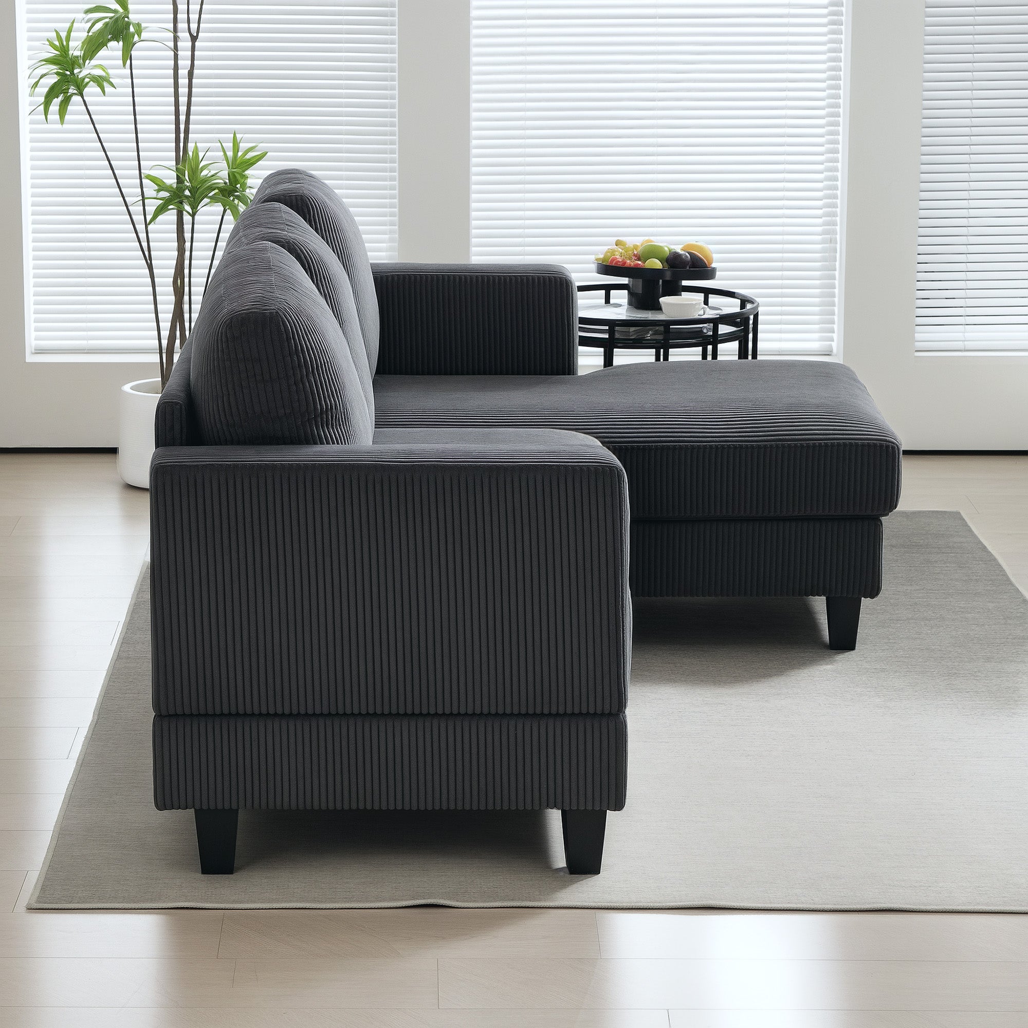 Canapé d'angle en velours côtelé, canapé 3 places avec méridienne et coussin à ressorts épais, largeur 214 cm, design moderne, charge jusqu'à 400 Kg, pour salon, appartement, gris foncé