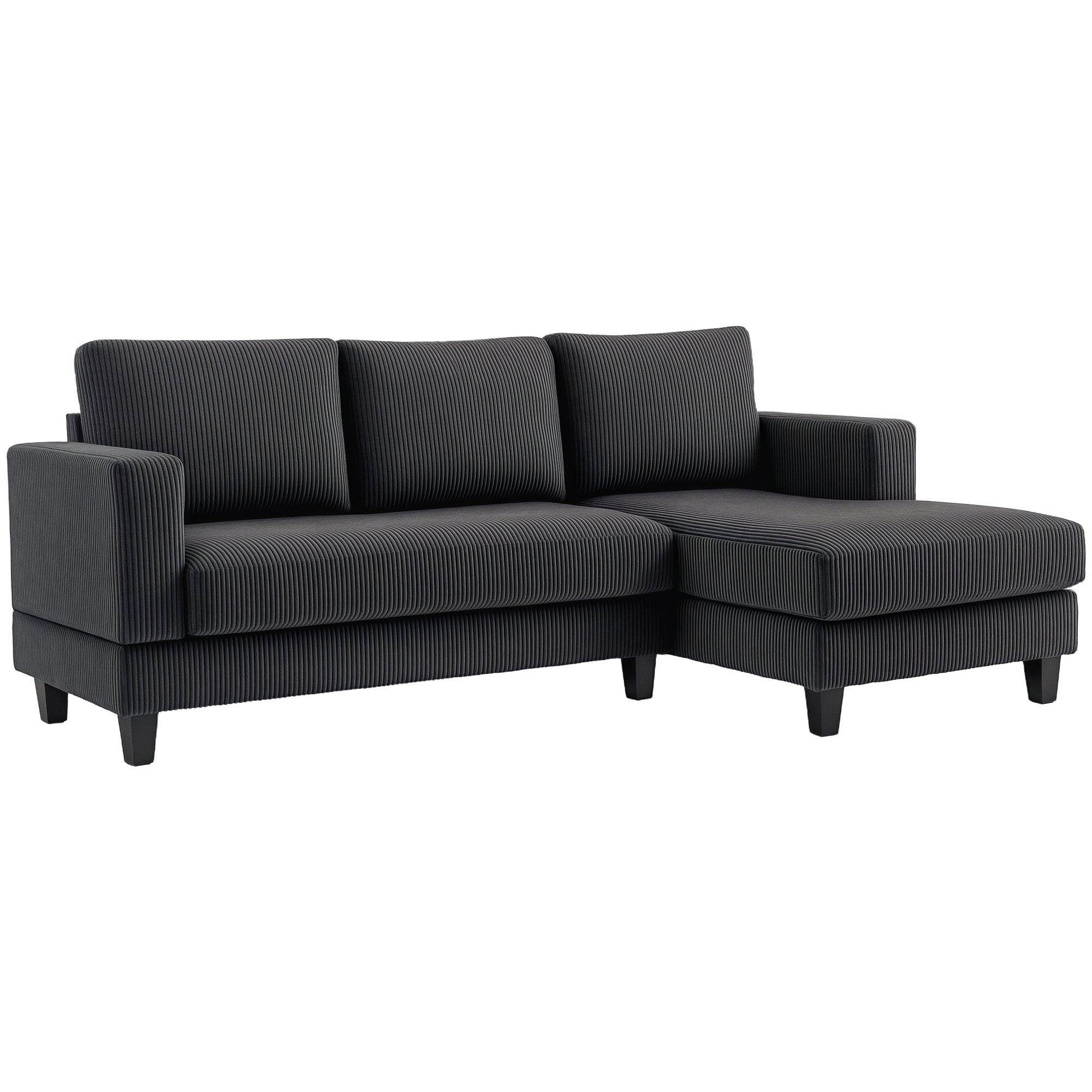 Canapé d'angle en velours côtelé, canapé 3 places avec méridienne et coussin à ressorts épais, largeur 214 cm, design moderne, charge jusqu'à 400 Kg, pour salon, appartement, gris foncé