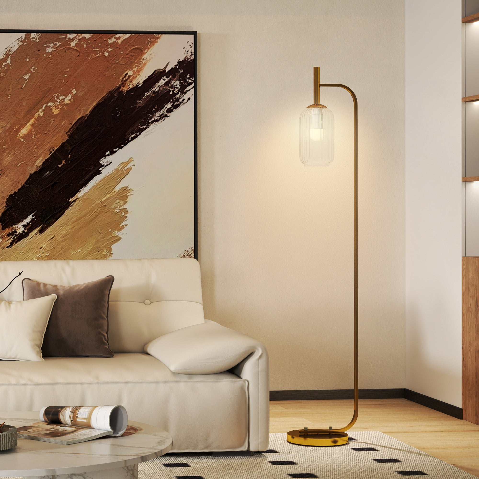 Lampada sur Socle Moderne avec Abat-Jour en Verre, Lampadaire avec Interrupteur à Pied pour Ampoules E27 LED, pour Salon, Chambre à Coucher et Bureau, 153cm, Or