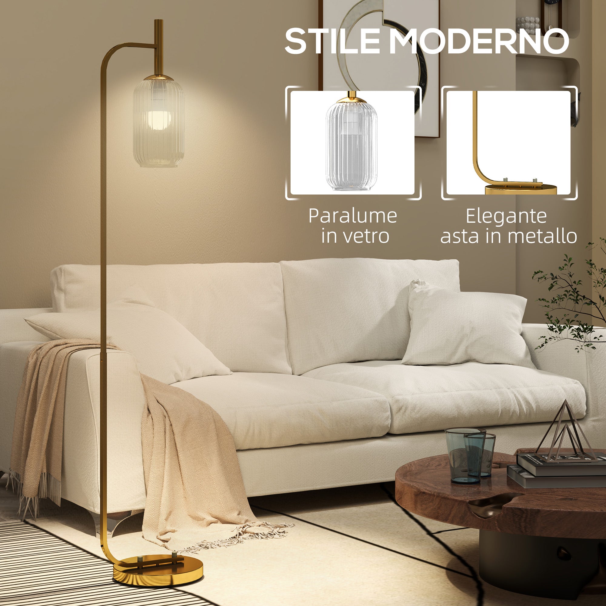 Lampada sur Socle Moderne avec Abat-Jour en Verre, Lampadaire avec Interrupteur à Pied pour Ampoules E27 LED, pour Salon, Chambre à Coucher et Bureau, 153cm, Or
