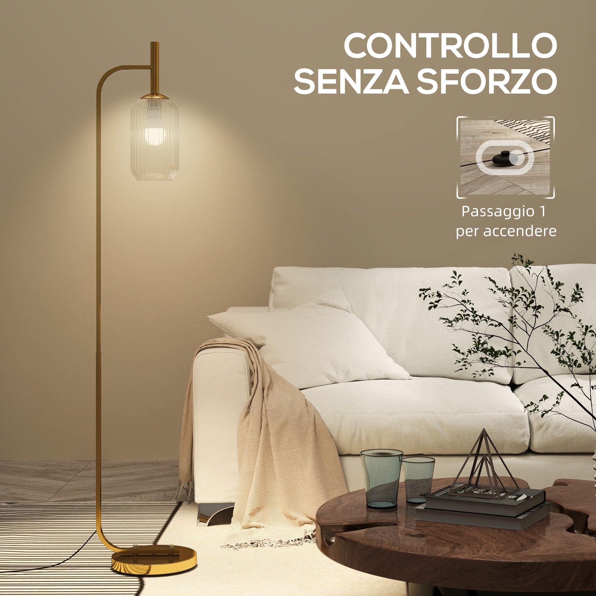 Lampada sur Socle Moderne avec Abat-Jour en Verre, Lampadaire avec Interrupteur à Pied pour Ampoules E27 LED, pour Salon, Chambre à Coucher et Bureau, 153cm, Or