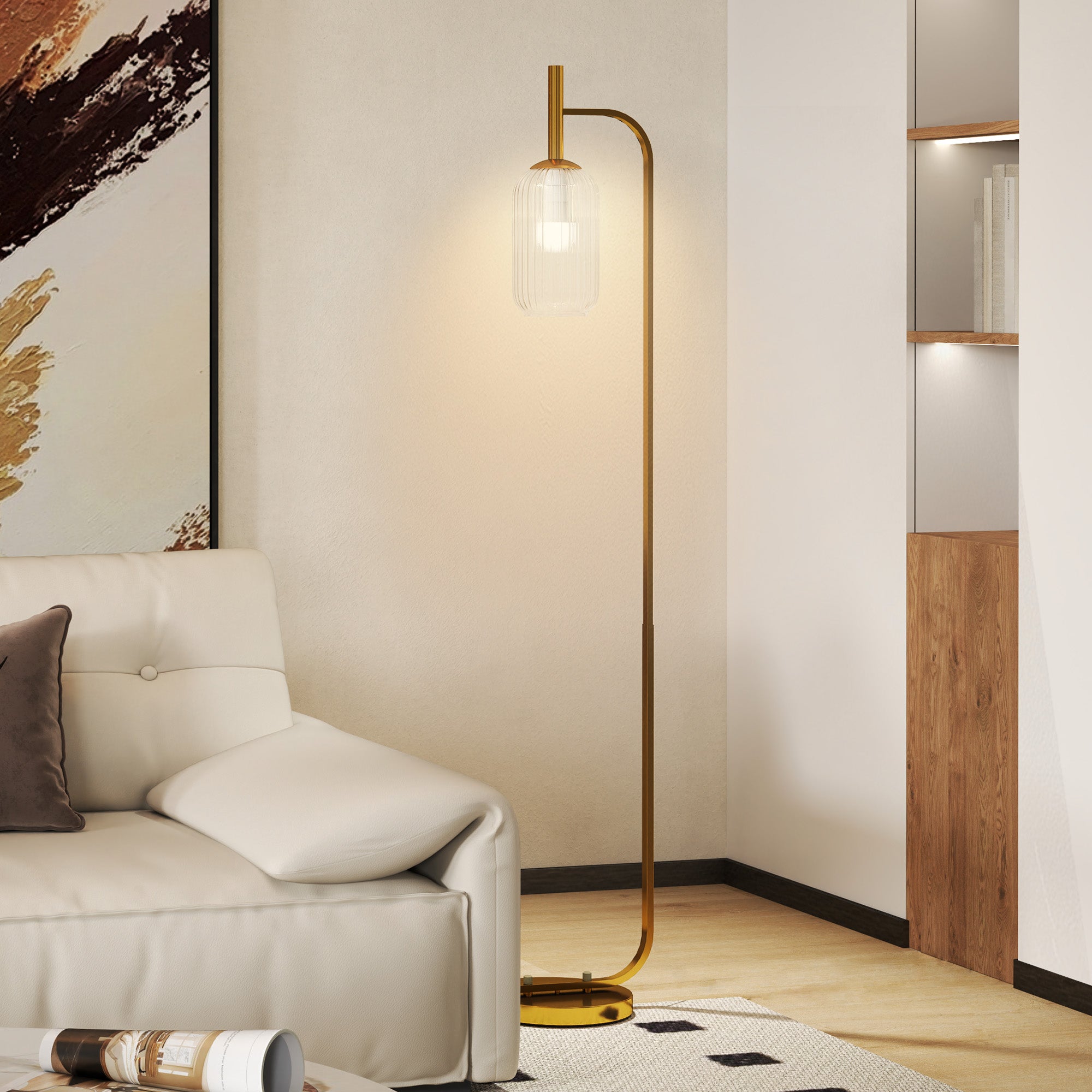Lampada sur Socle Moderne avec Abat-Jour en Verre, Lampadaire avec Interrupteur à Pied pour Ampoules E27 LED, pour Salon, Chambre à Coucher et Bureau, 153cm, Or