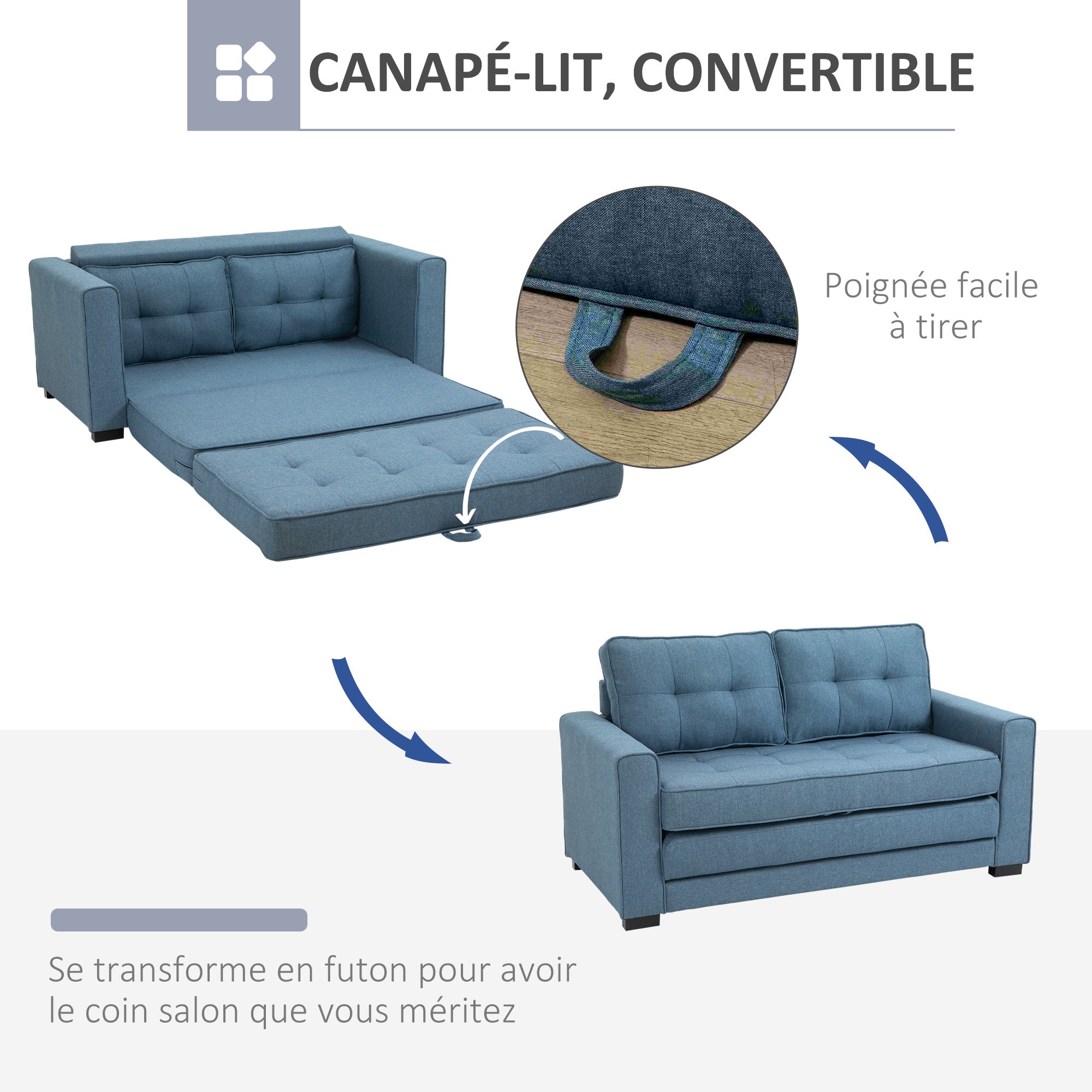 Canapé convertible 2 places canapé-lit avec dossier capitonné, coussins et matelas pliable au sol, canapé en tissu effet lin pour salon, chambre d'amis, 147,5 x 75 x 85 cm, bleu