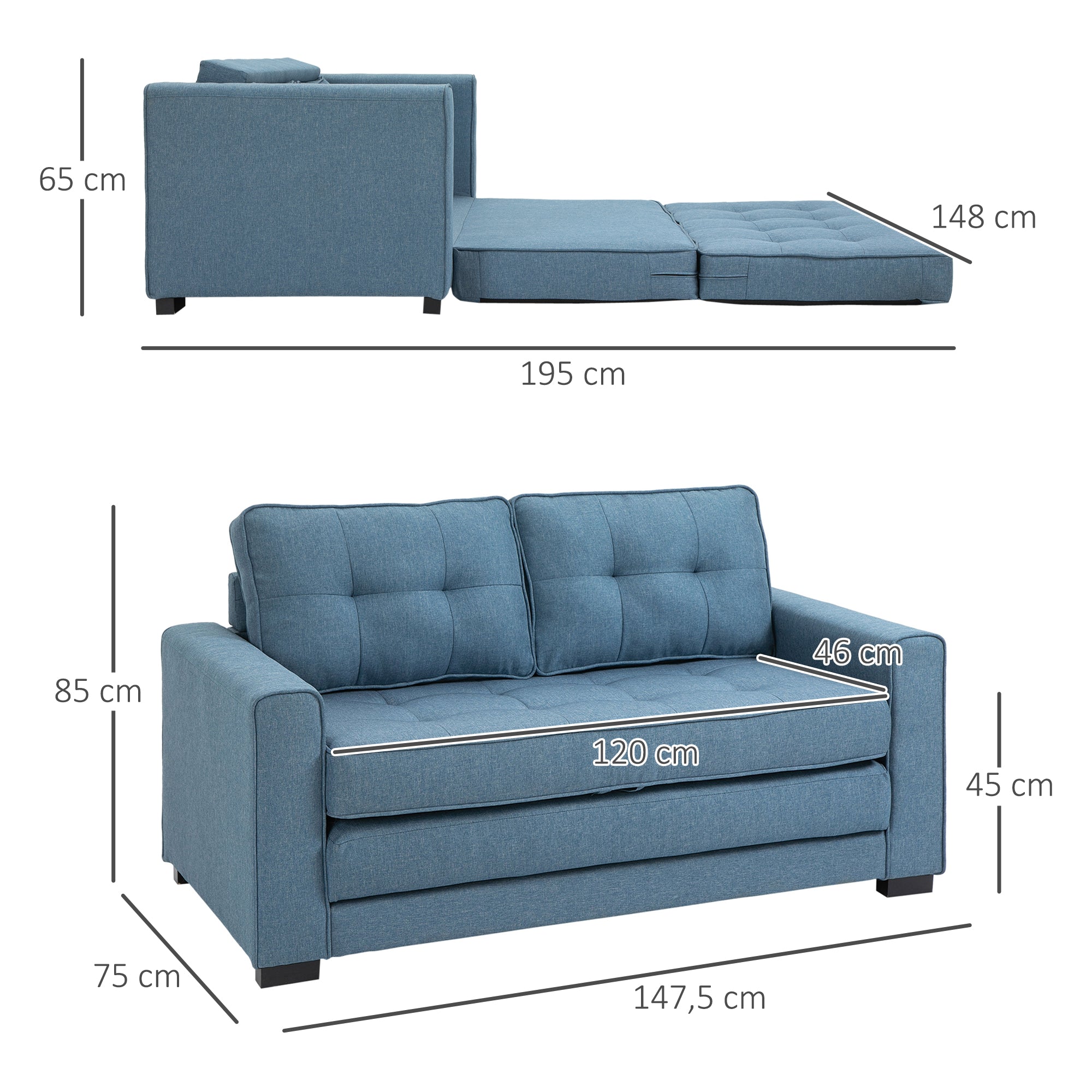 Canapé convertible 2 places canapé-lit avec dossier capitonné, coussins et matelas pliable au sol, canapé en tissu effet lin pour salon, chambre d'amis, 147,5 x 75 x 85 cm, bleu