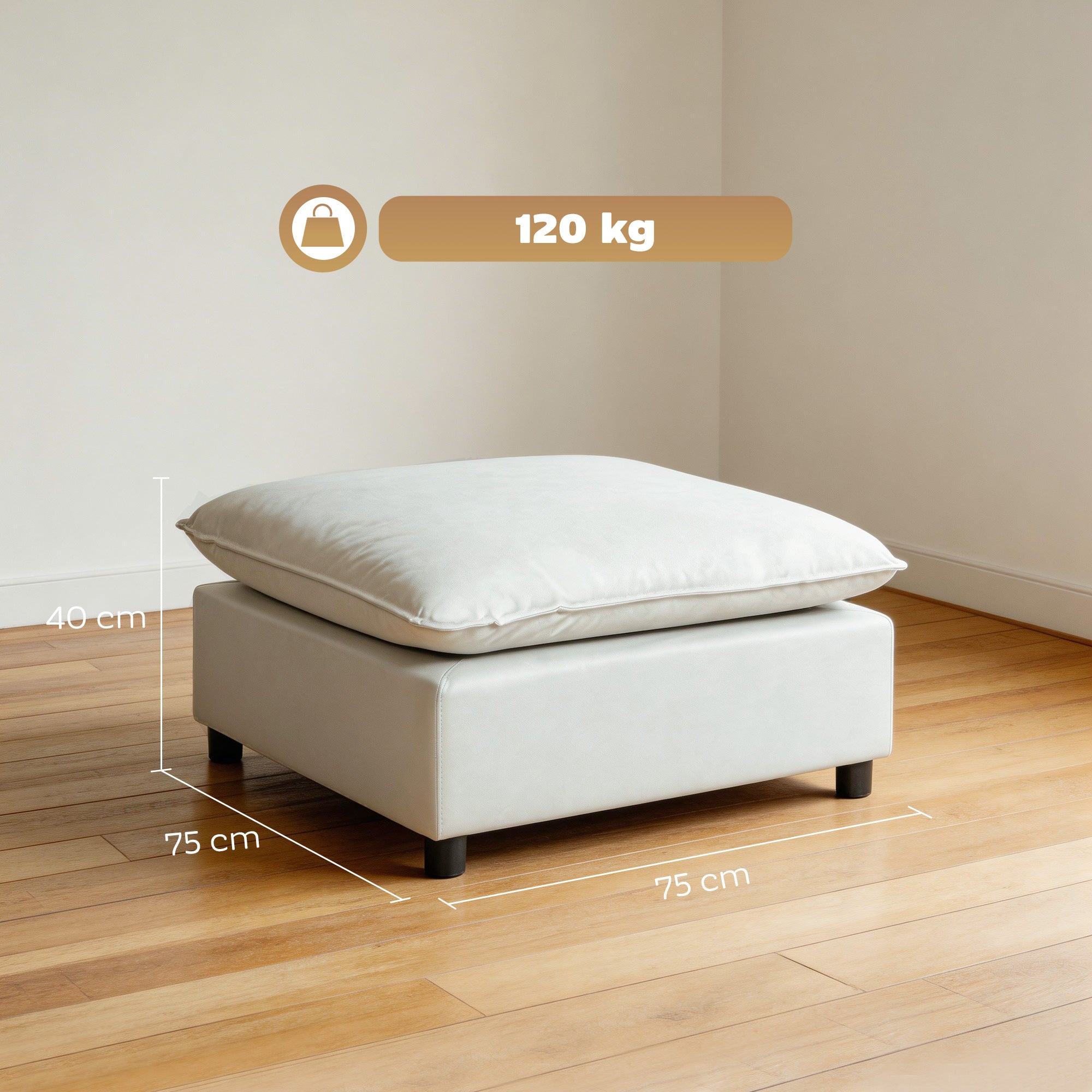 Repose pied salon carré, ottoman, siège rembourré avec pieds en plastique, pouf salon pour chambre à coucher, entrée, 75 x 75 x 40 cm, gris