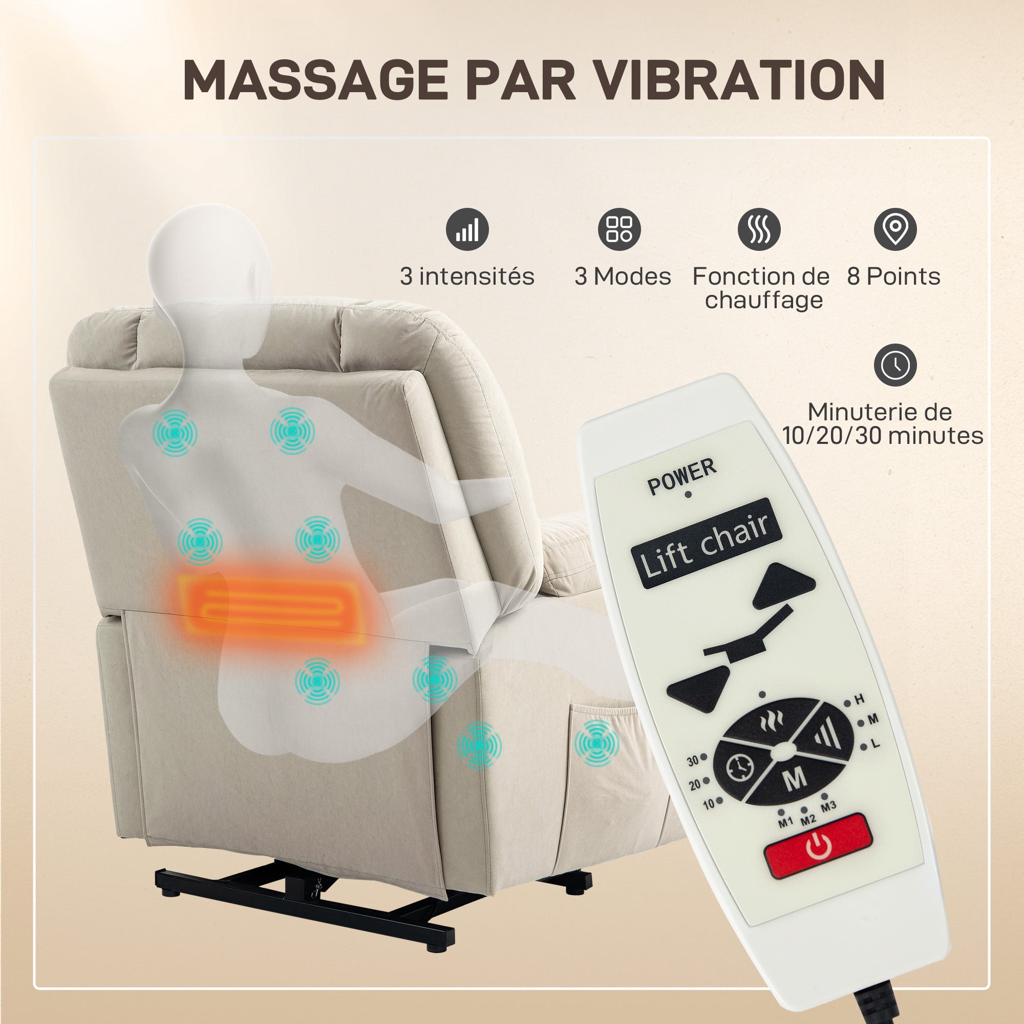 Fauteuil releveur électrique avec fonction massage et chauffage, fauteuil relax électrique avec dossier inclinable, ports USB, télécommande, fauteuil relaxant pour personnes âgées, beige