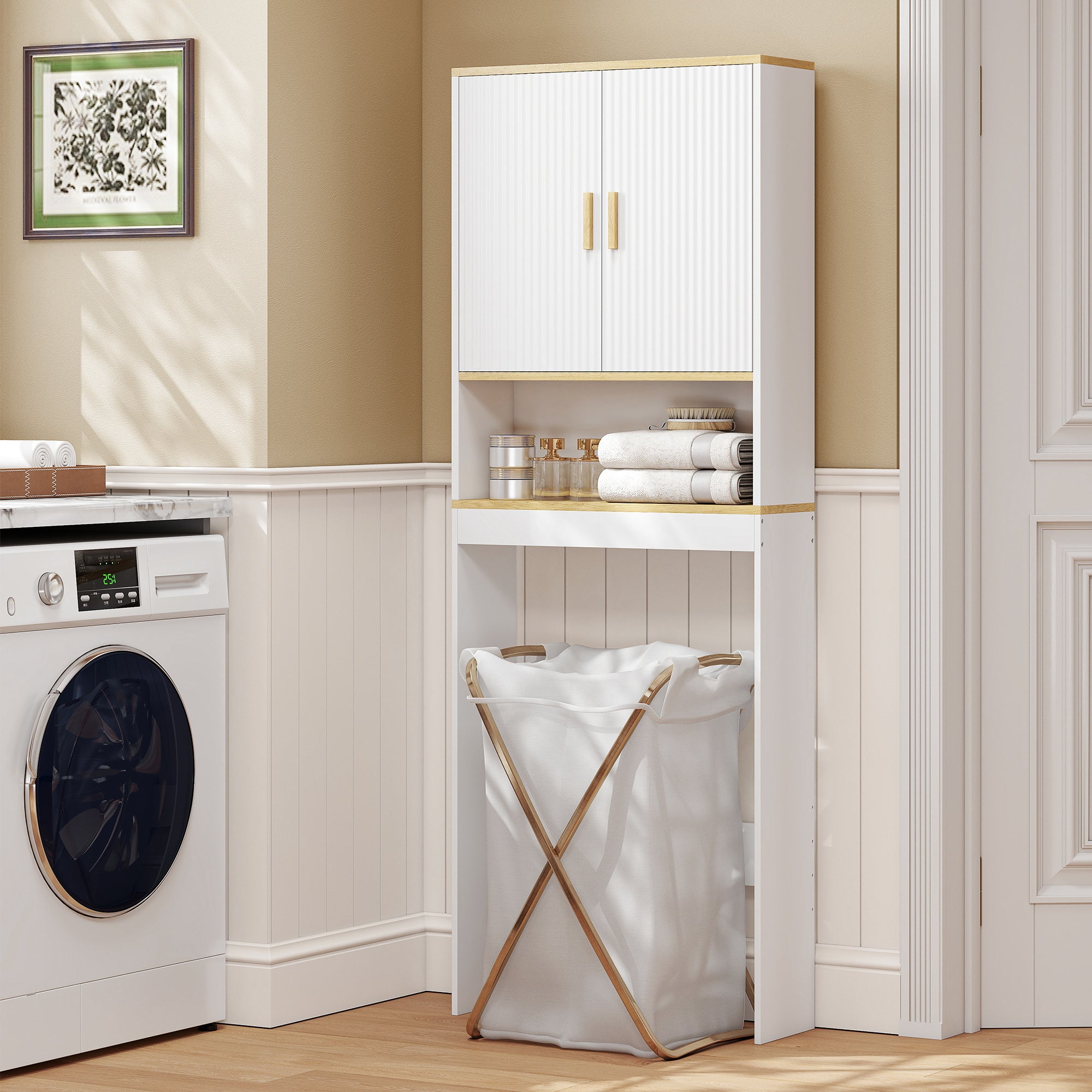 Meuble WC rangement au-dessus des toilettes à 3 niveaux, étagère de toilettes avec étagères réglables, meuble de salle de bain, 64 x 20 x 170,5 cm, blanc et chêne