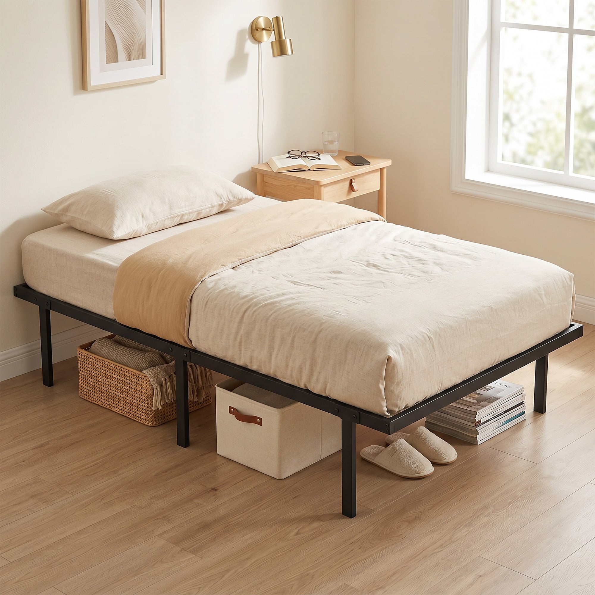 Cadre de lit 90 x 200 cm avec sommier, lit simple avec support à lattes en métal, rangement au-dessous de 35,5H cm, sans bruit, montage facile, noir