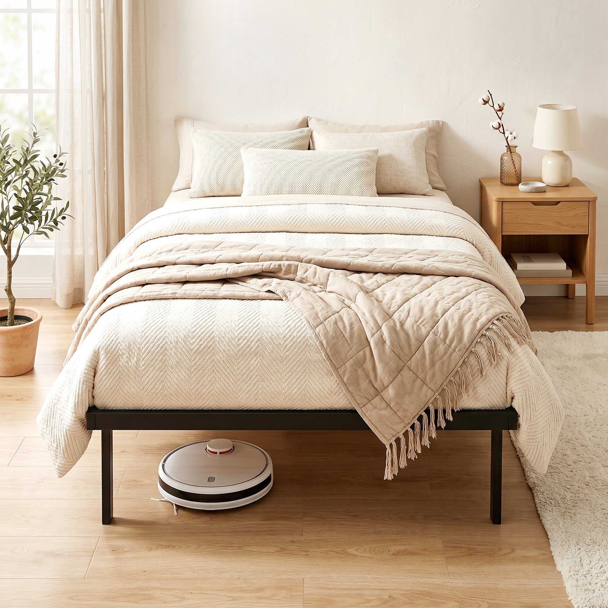 Cadre de lit 90 x 200 cm avec sommier, lit simple avec support à lattes en métal, rangement au-dessous de 35,5H cm, sans bruit, montage facile, noir