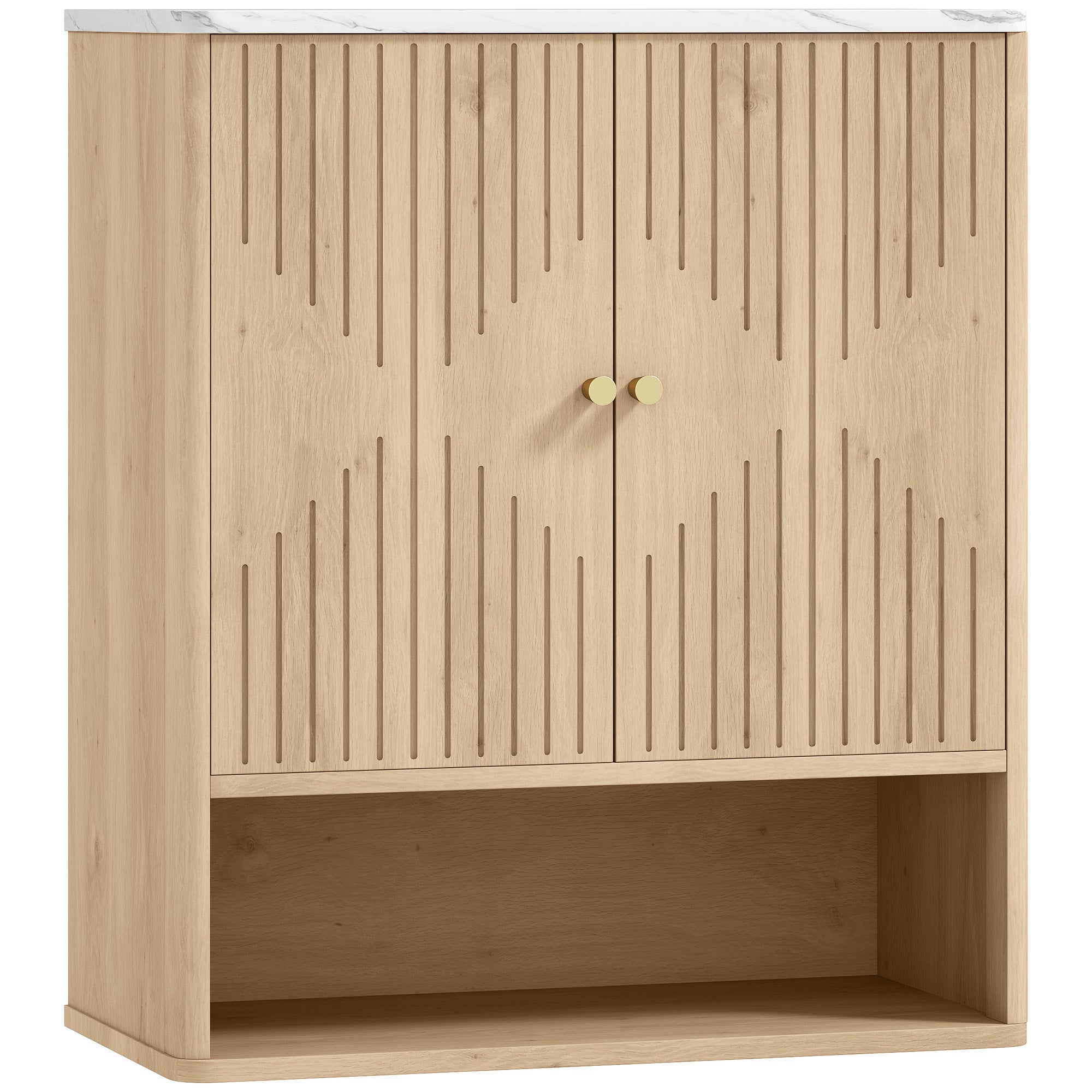Armoire murale de salle de bain, meuble de rangement avec compartiment ouvert et étagère réglable, meuble haut de salle de bain portes à motifs en forme de sablier, 60 x 18 x 70 cm, chêne