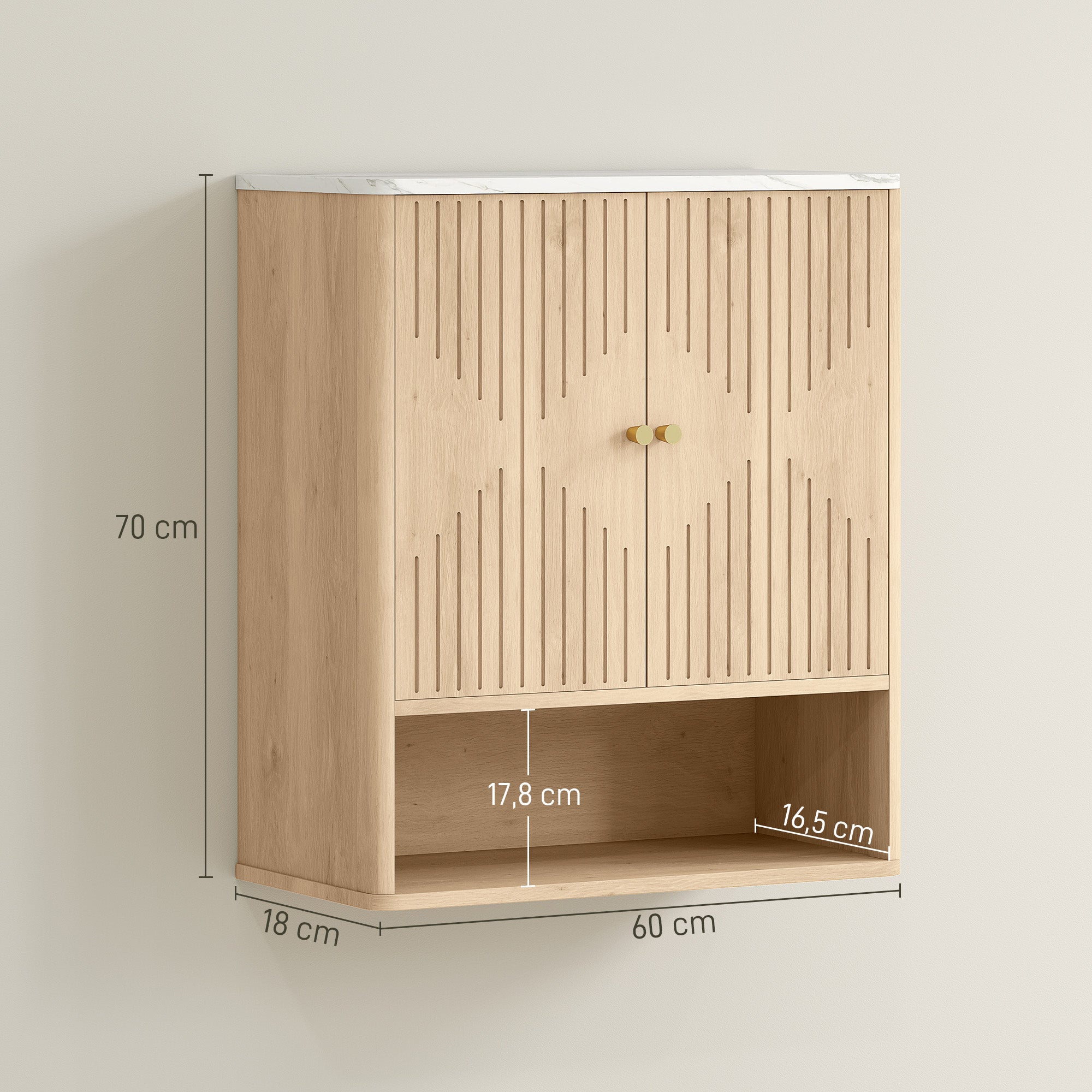 Armoire murale de salle de bain, meuble de rangement avec compartiment ouvert et étagère réglable, meuble haut de salle de bain portes à motifs en forme de sablier, 60 x 18 x 70 cm, chêne