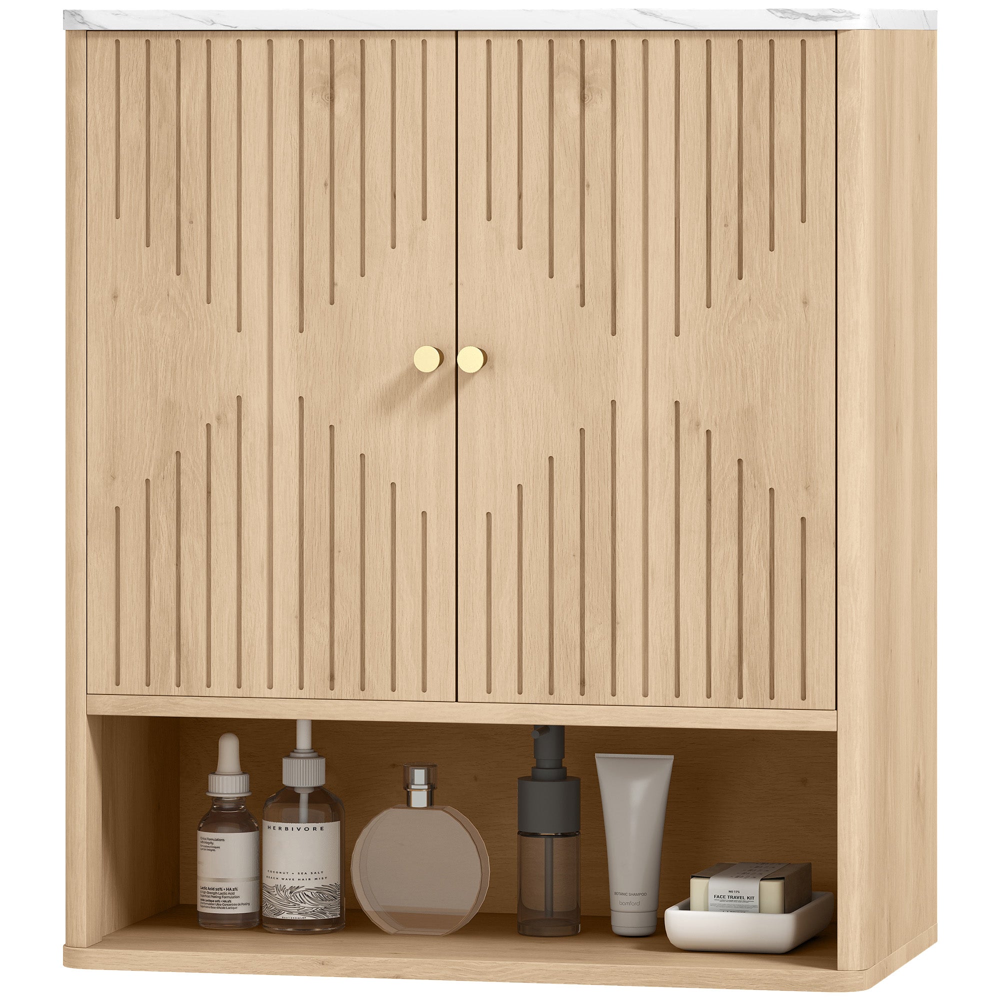Armoire murale de salle de bain, meuble de rangement avec compartiment ouvert et étagère réglable, meuble haut de salle de bain portes à motifs en forme de sablier, 60 x 18 x 70 cm, chêne