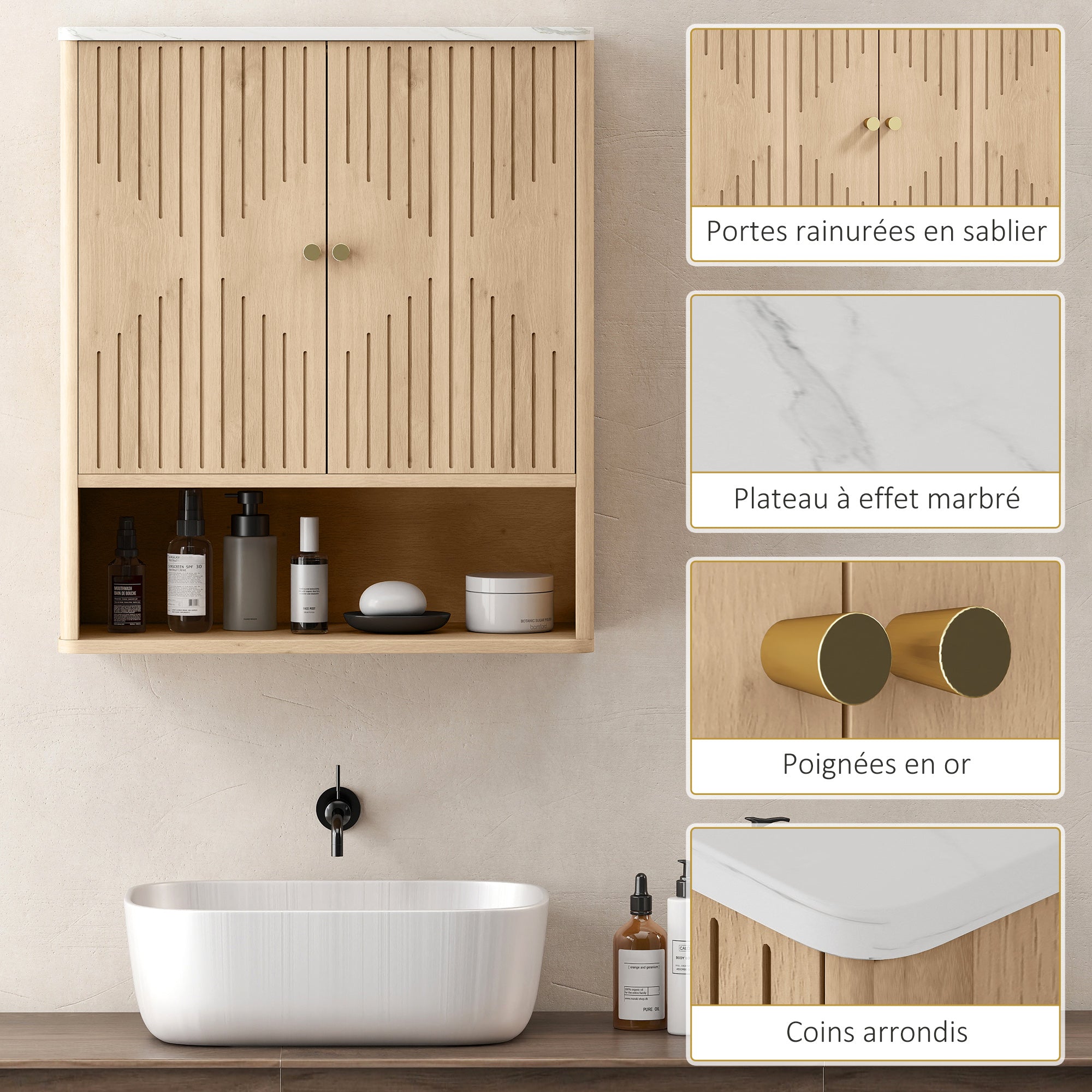 Armoire murale de salle de bain, meuble de rangement avec compartiment ouvert et étagère réglable, meuble haut de salle de bain portes à motifs en forme de sablier, 60 x 18 x 70 cm, chêne