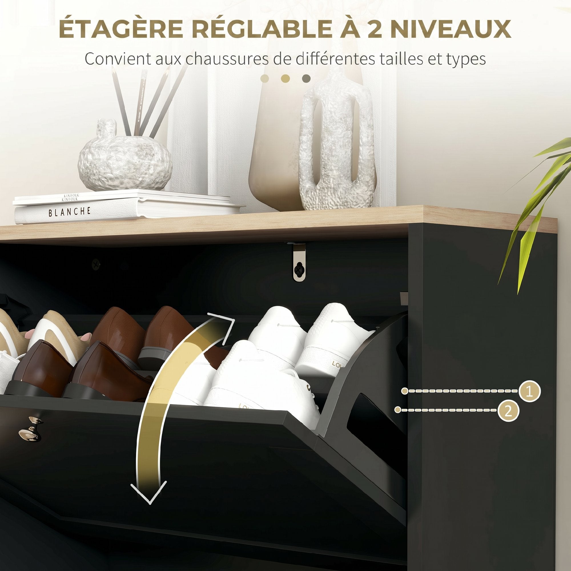 Meuble à Chaussures 12 Paires, Armoire à Chaussures Étroite Moderne avec 2 Tiroirs Rabattables et Étagères Réglables, pour Couloir et Entrée, 60 x 23,5 x 80 cm, Noir